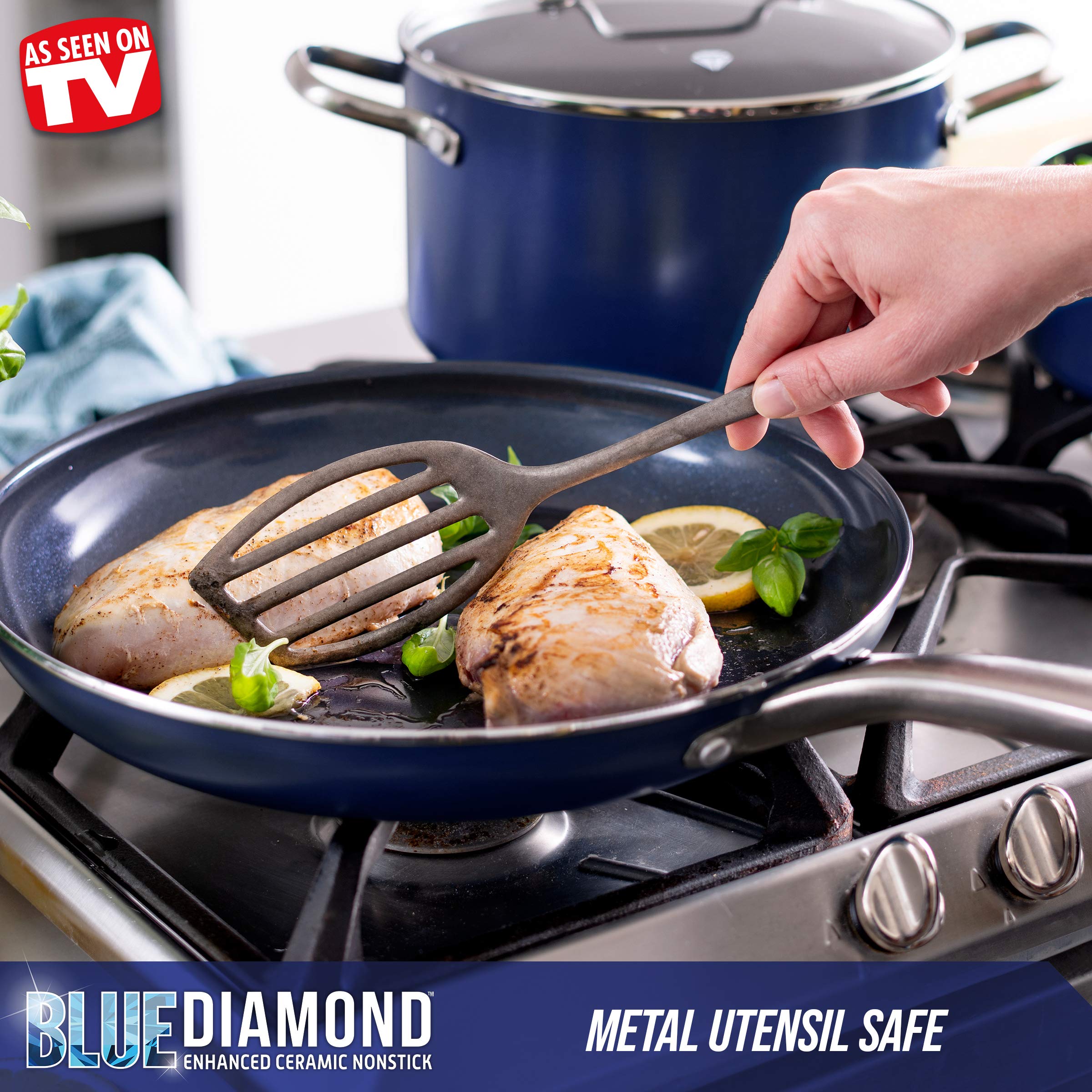 **Blue Diamond Cookware Set - 10-Piece Diamond Infused Ceramic Nonstick Pots & Pans + 3-Piece Sharp Stone Stainless Steel Cutlery Set - Blue - Perfect for Home Cooking, Baking & Professional Kitchens**