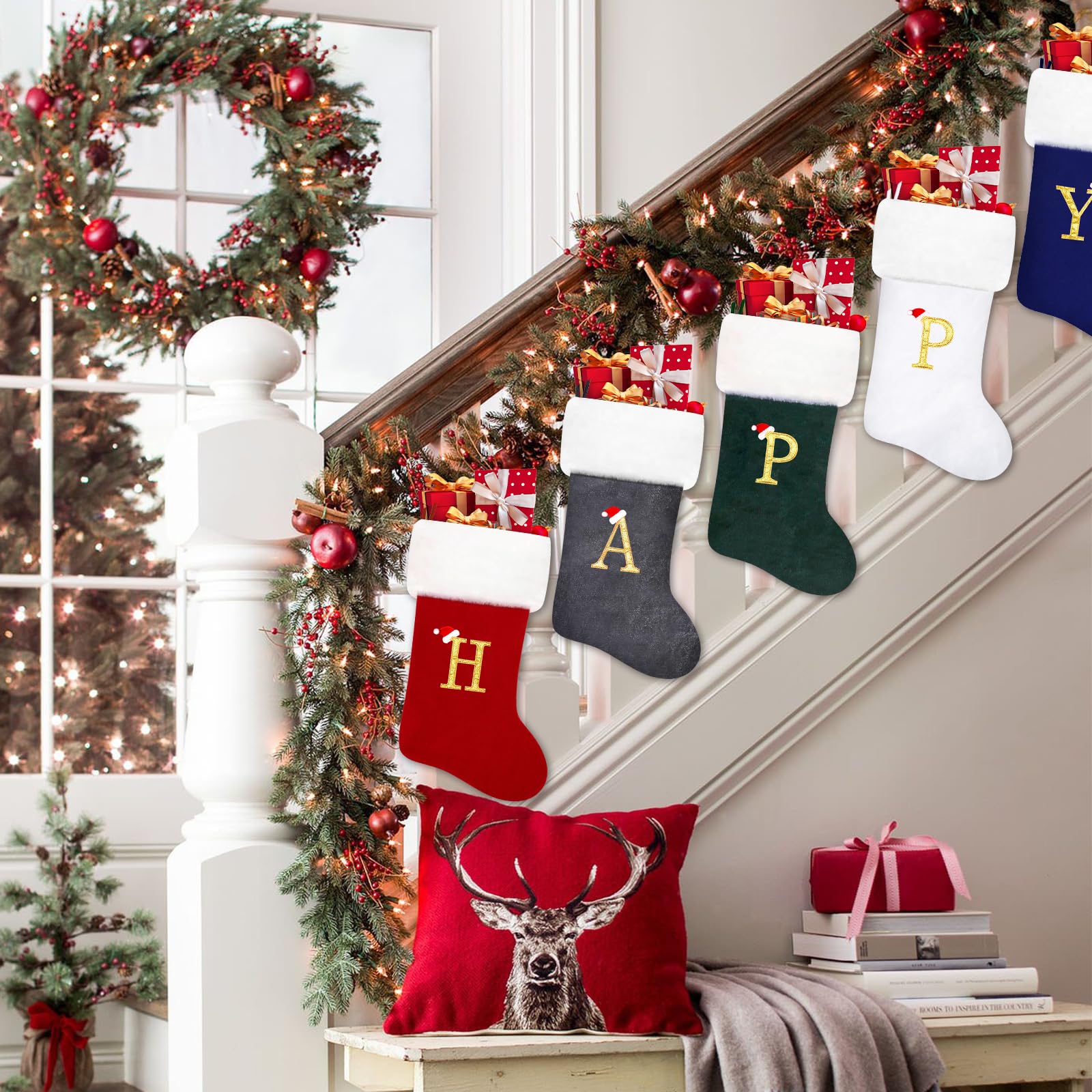 20 Inch White Velvet Christmas Stockings with Plush Cuff - Personalized Embroidered Monogram Holiday Stockings for Fireplace Decor, Xmas Tree & Family Gift Exchange - Perfect for Holiday Home Decor & Christmas Party Favors