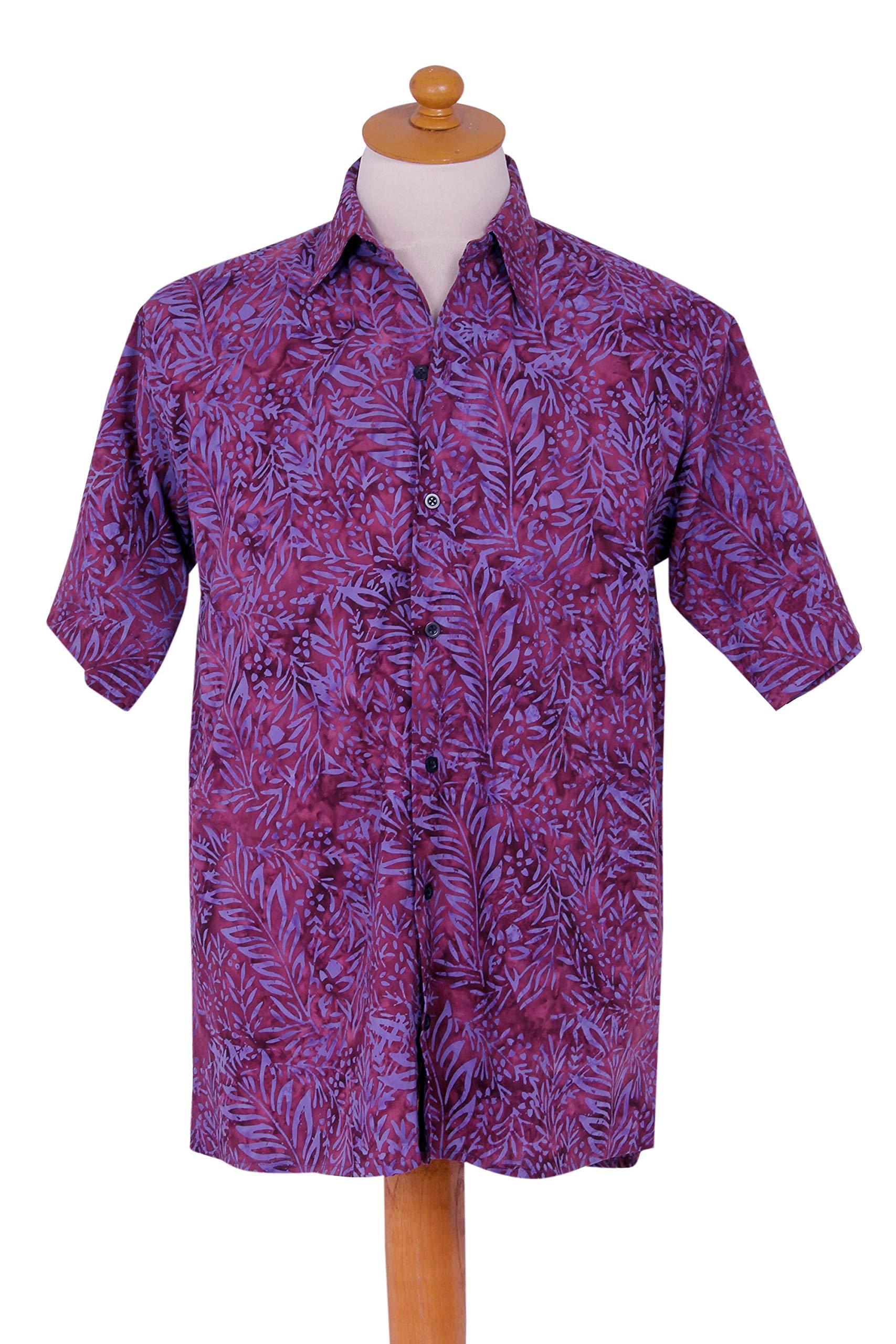 Handmade Men's Cotton Batik Shirt - Purple Magenta Bali Artisan Shirt with Leaf Tree Pattern | Indonesian Traditional Clothing for Casual Wear & Tropical Vacations