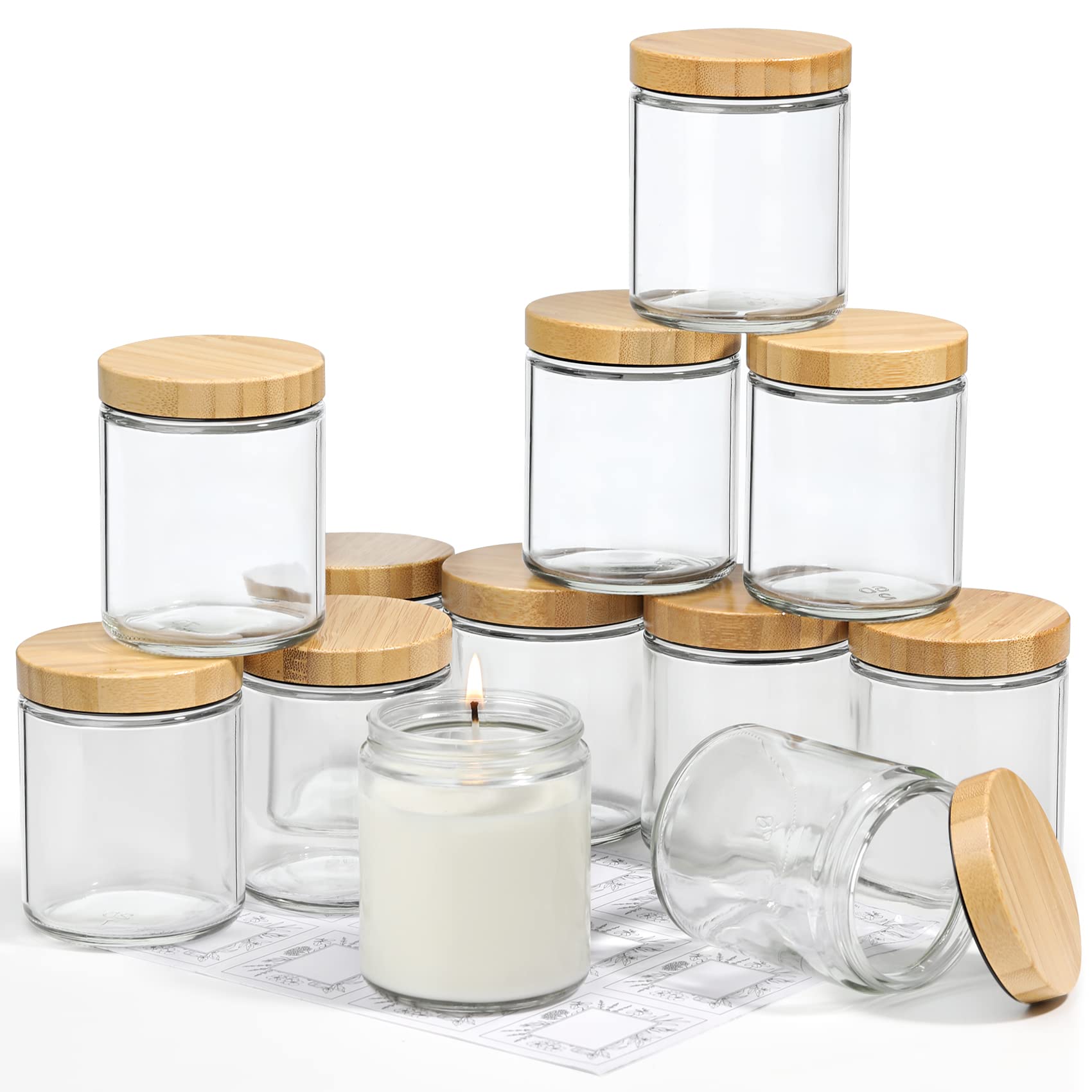 VITEVER 12 Pack 8oz Thick Glass Candle Jars with Bamboo Lids - Clear Round Empty Containers for DIY Candle Making, Food Storage, Spices, Powders & Liquids | Perfect for Home Decor, Wedding Favors & Gift Packaging
