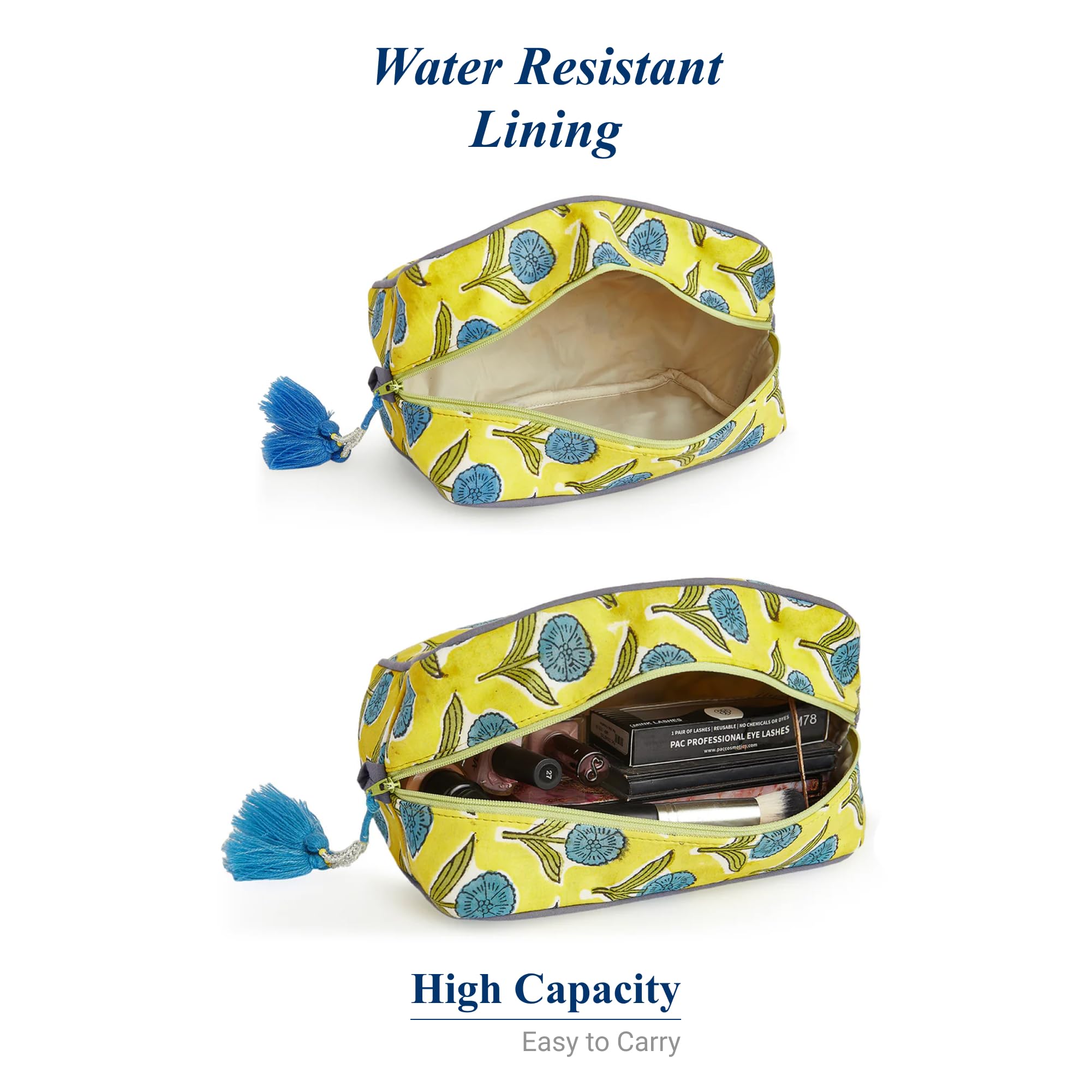 Waterproof Travel Makeup Bag for Women - Large Capacity Cosmetic Organizer with Water-Resistant Lining - Portable Toiletry Pouch & Open Cosmetic Case - Perfect for Vacation, Gym & Daily Essentials (Blue & Yellow Floral Design)