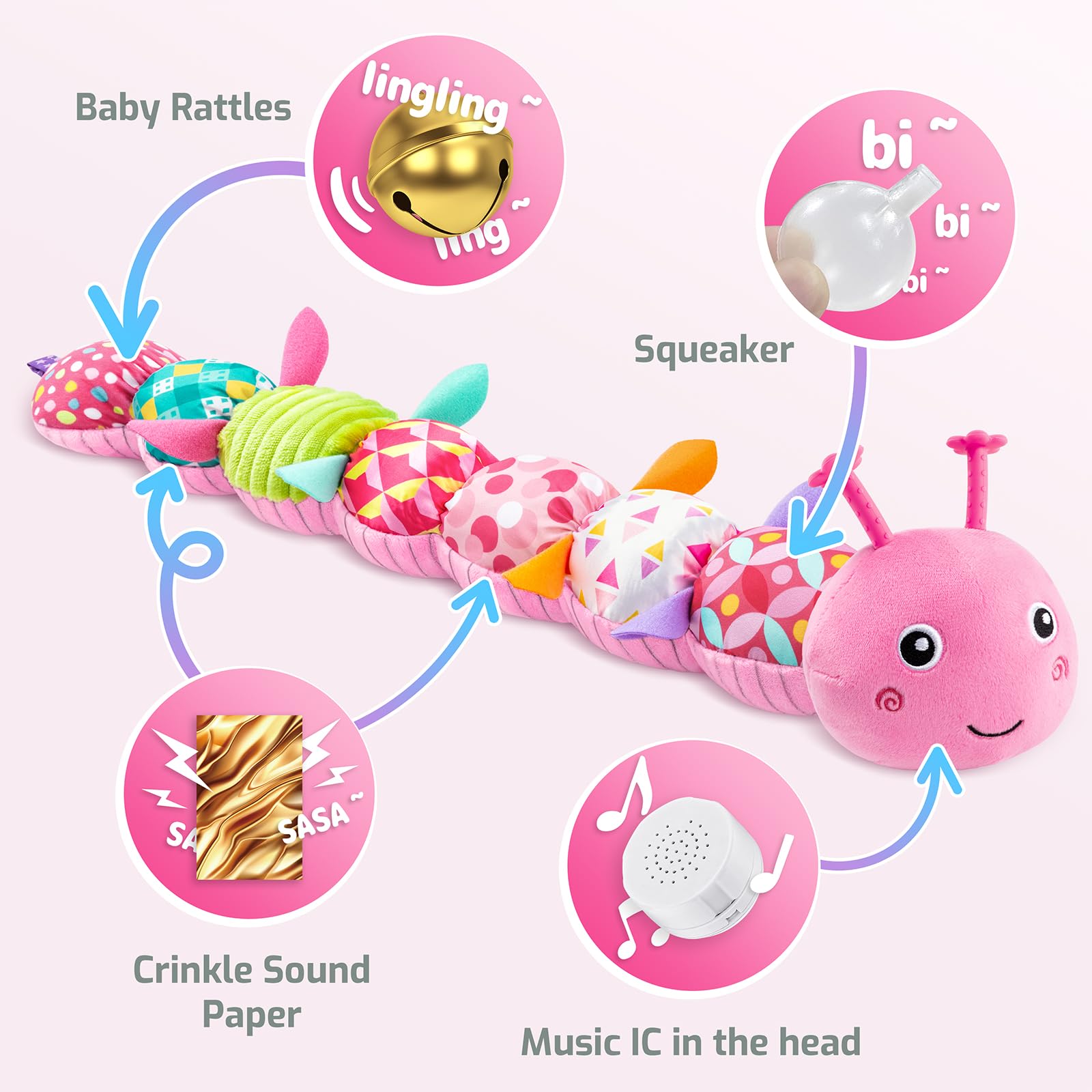Sumobaby Musical Stuffed Animal Toy for Babies 0-12 Months - Multi-Sensory Infant Toy with Crinkle Sounds & Rattles - Tummy Time Developmental Toy for Newborn Boys & Girls (Pink Caterpillar) - Perfect for Nursery Playtime, Sensory Stimulation & Early Learning