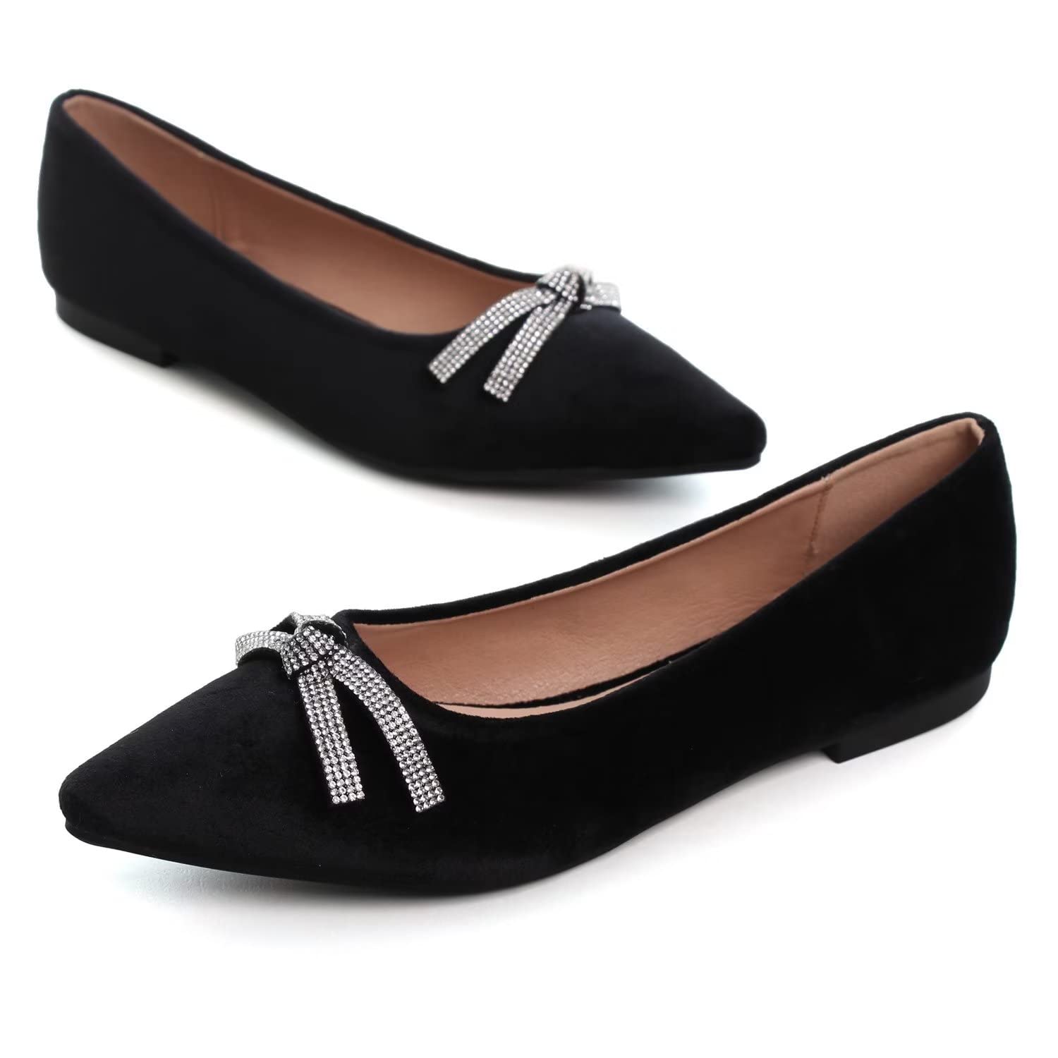 Elegant Pointed Toe Ballet Flats for Women - Suede Rhinestone Chain Loafers - Comfortable Slip-On Dress Shoes for Work, Party & Evening Wear