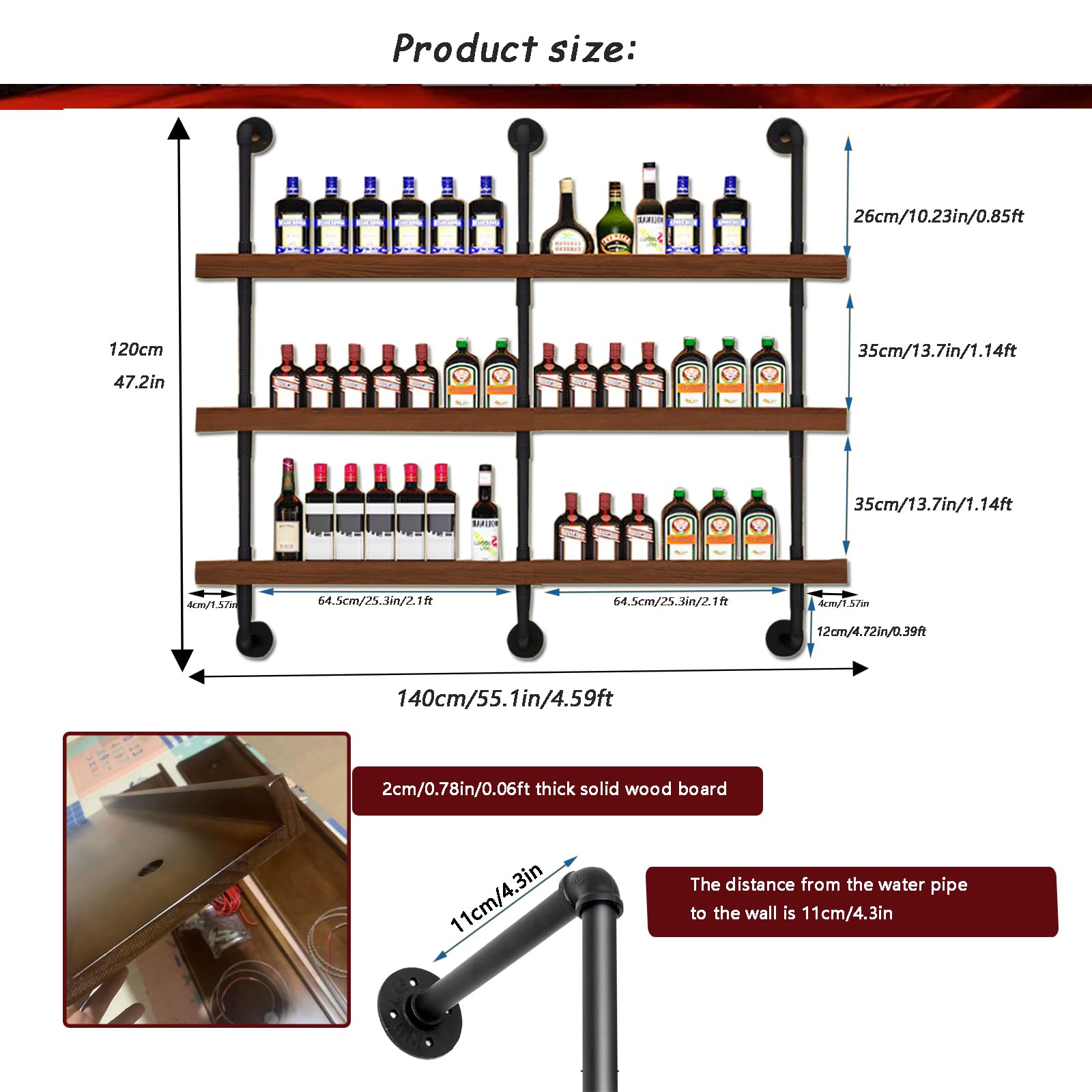 Premium Solid Wood Wall Mounted Wine Rack with LED Lights - 55