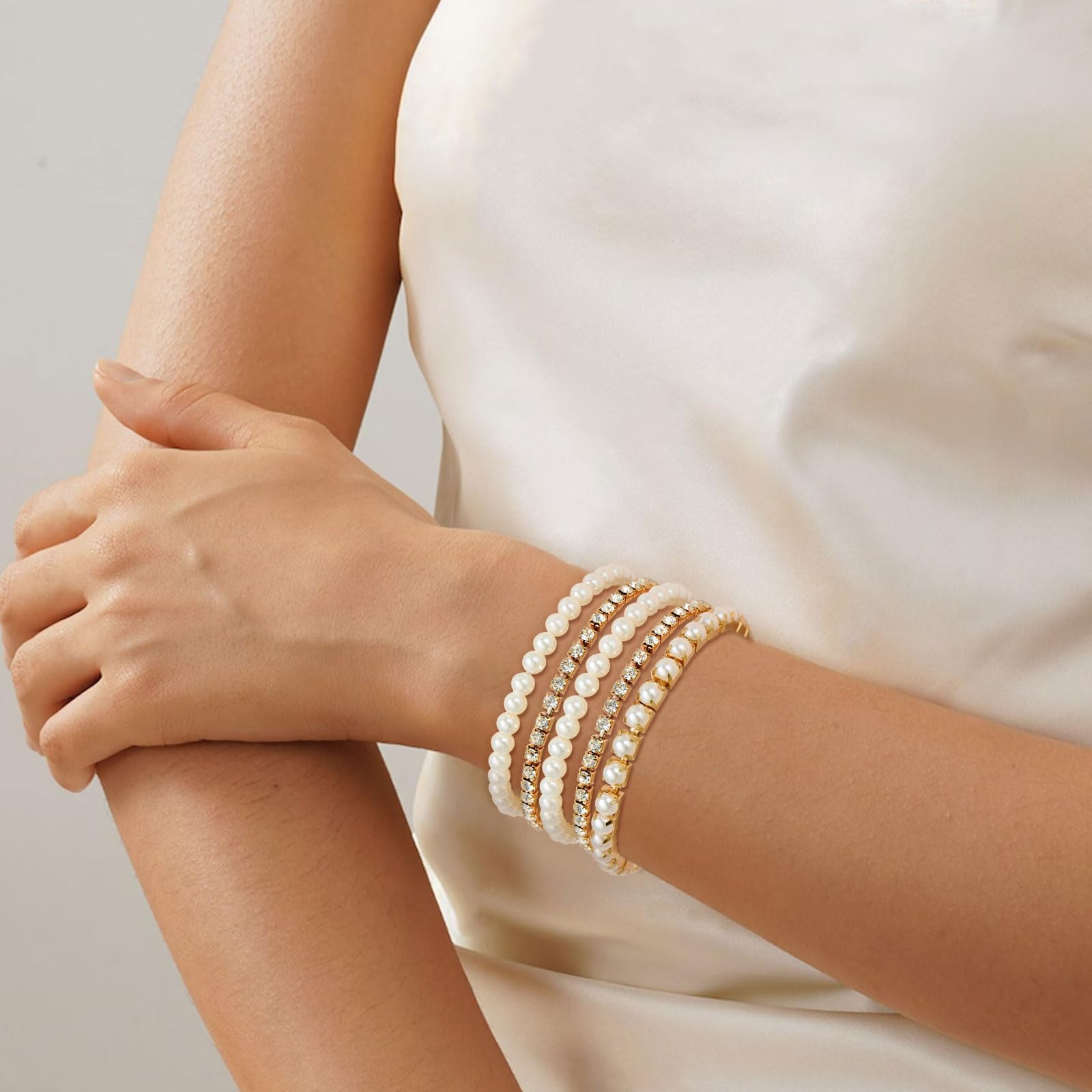 Elegant Pearl Bracelets for Women - Stretch Crystal Rhinestone Beaded Bangle, Stackable Wedding Jewelry for Brides | Perfect for Bridal Accessories, Anniversary Gifts & Formal Occasions