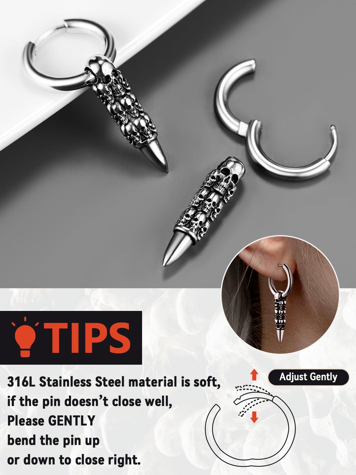 Gothic Skull Earrings for Men - Punk Skull Stud & Hoop Earrings in Stainless Steel & Black - Cool Halloween Jewelry with Gift Box - Perfect for Punk Fashion, Gothic Style & Halloween Costumes