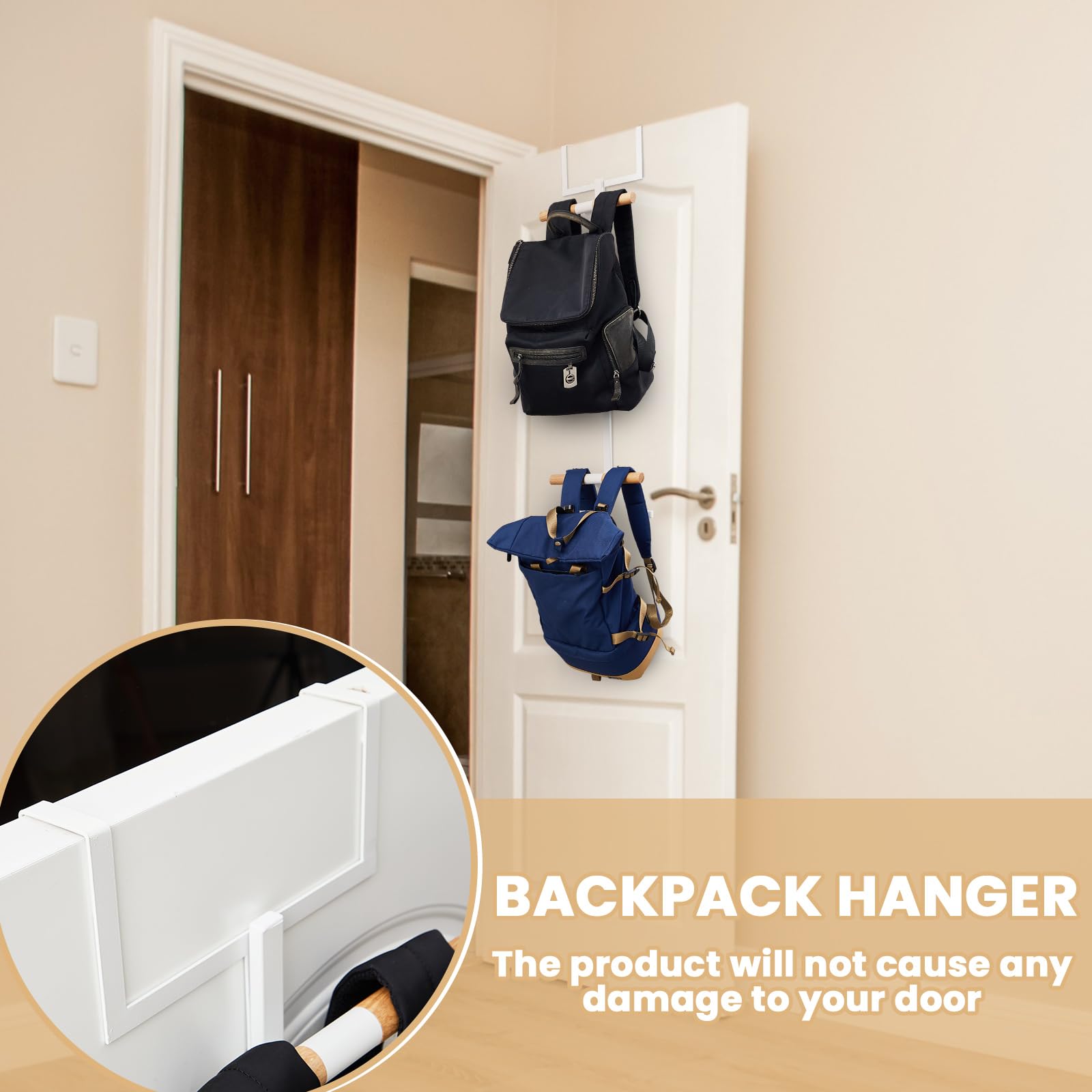 Briwooody Over The Door Backpack Hanger - 2 Tier Metal Storage Rack for School Bags, Closet & Bedroom Organization - Easy Install White Hook for Space Saving (Perfect for Dorm, Kids Room & Small Spaces)