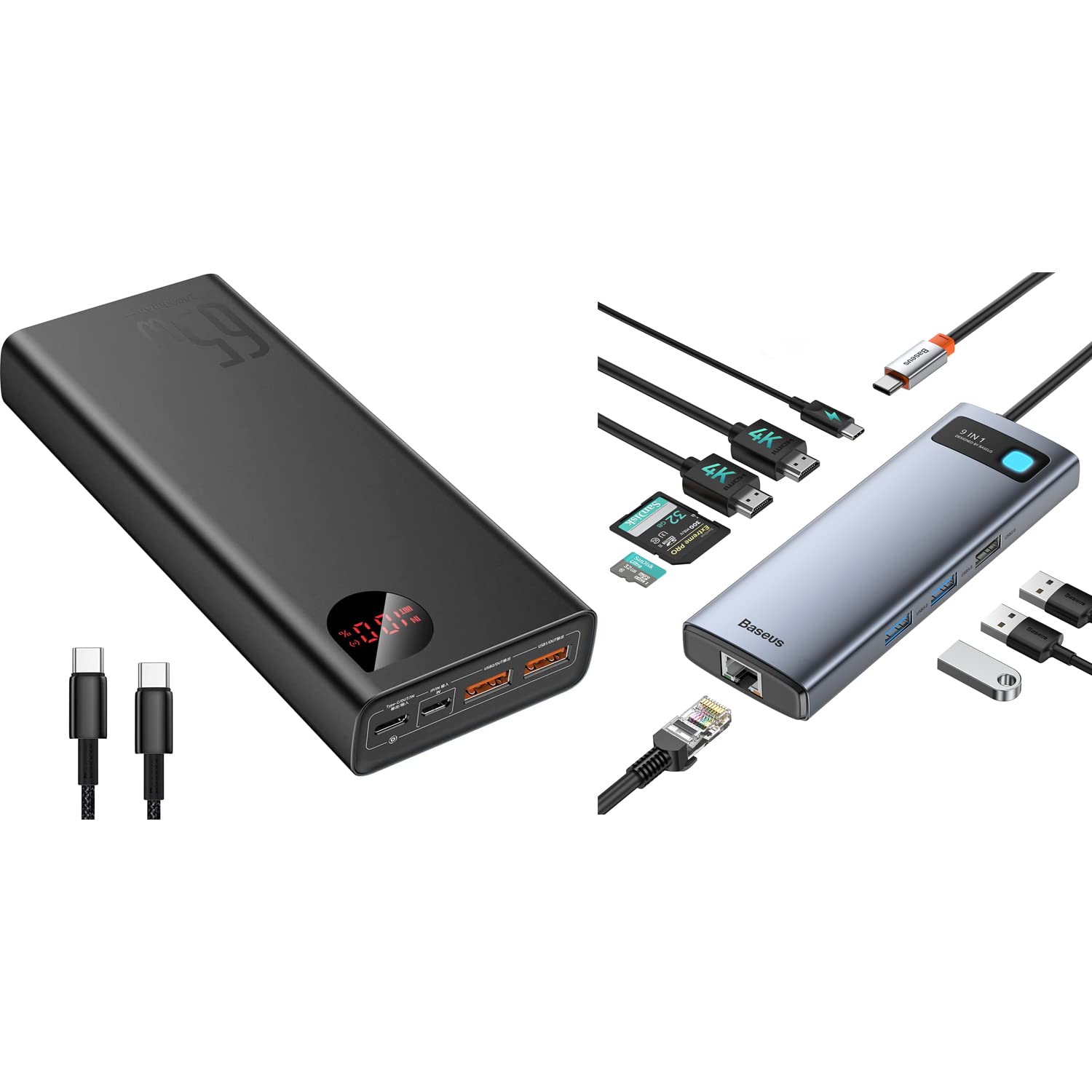 Baseus 65W 20000mAh Power Bank with 9-in-1 USB C Docking Station - Portable Charger for Laptop & Phone, Dual Monitor Support for MacBook/Windows - Perfect for Travel, Office & Remote Work