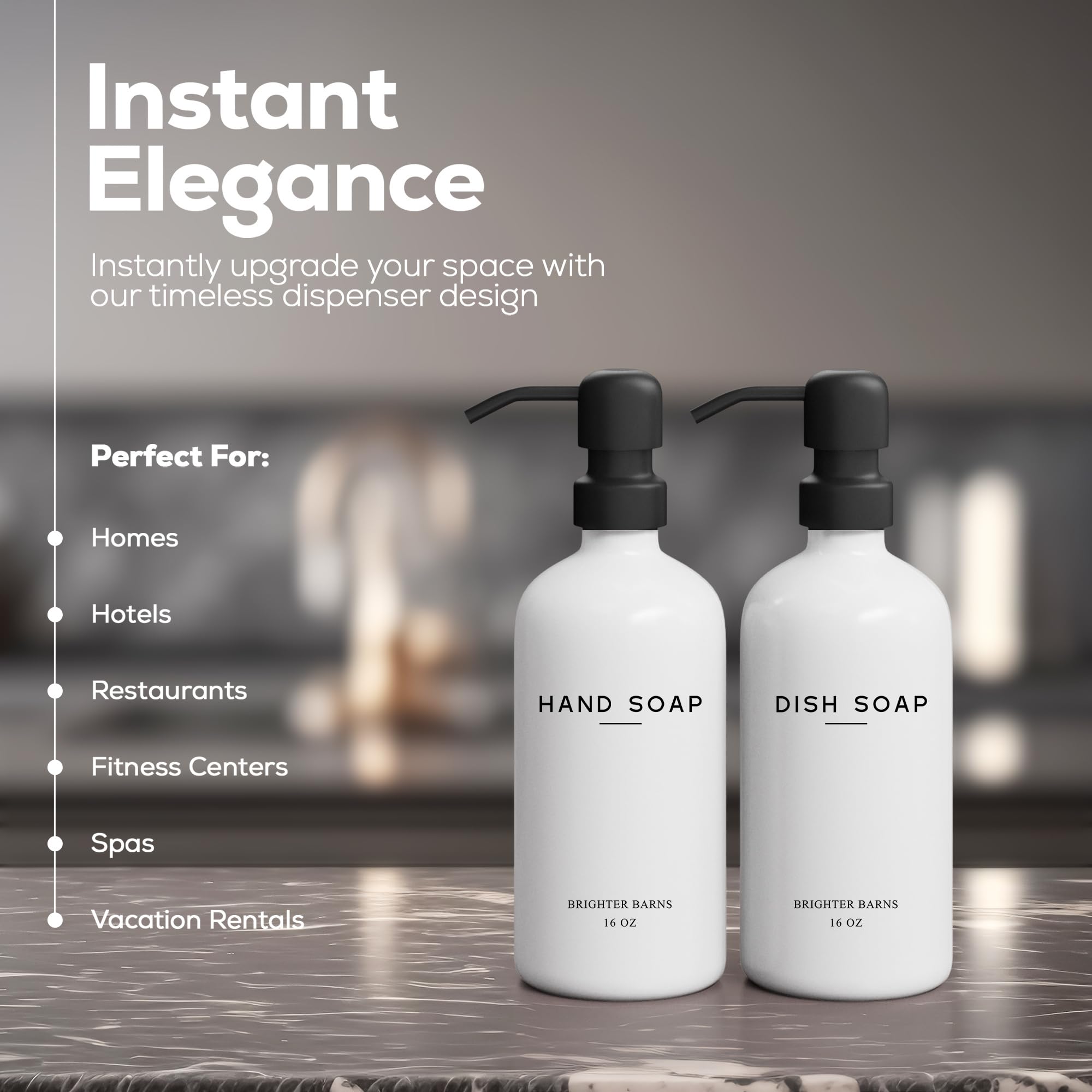 Brighter Barns White Glass Hand & Dish Soap Dispenser Set with Stainless Steel Pump - Farmhouse Style Kitchen & Bathroom Decor - Perfect for Sink Countertops, Guest Baths & Rustic Home Décor