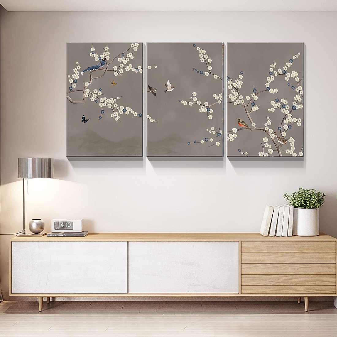 Looife 3-Piece Flower Canvas Wall Art - 16x24 Inch Birds on Plum Branch Grey Background Prints - Ready to Hang Wall Decor for Living Room, Bedroom & Office