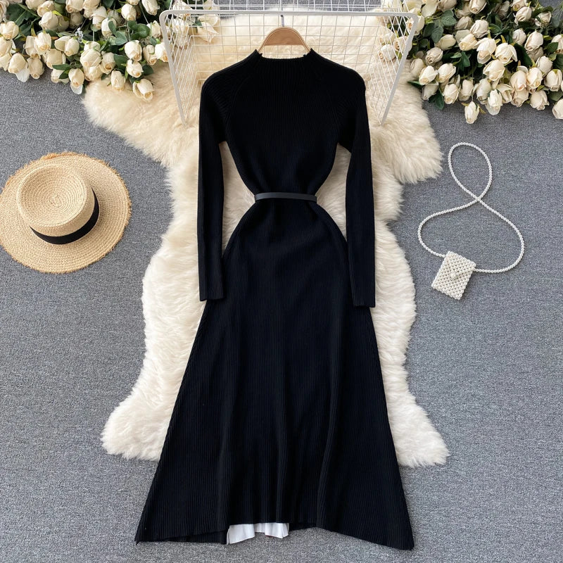 Banulin Women's Elegant Knitted Retro Print Pleated Midi Dress - Autumn Winter Gradient Patchwork Long Sleeve Office Dress with Belt | Perfect for Work, Parties & Holiday Events