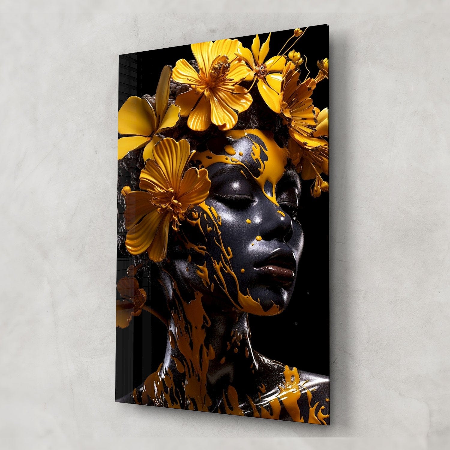 Yellow Floral Woman Tempered Glass Wall Art - Elegant Home Decor for Living Room, Bedroom & Office