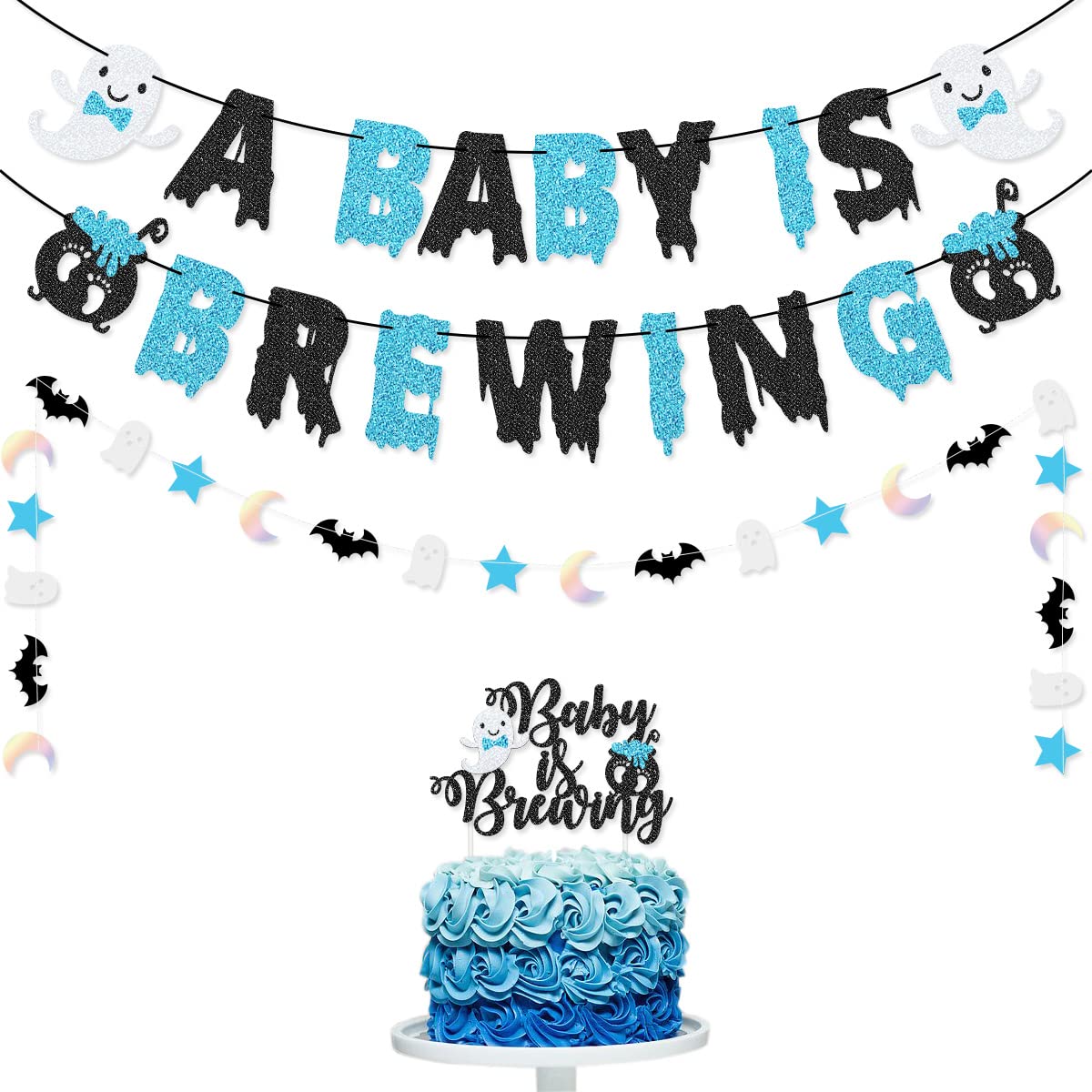 Blue and Black 'A Baby is Brewing' Banner & Cake Topper Set - Perfect for Halloween Baby Shower Decorations, Gender Reveal Parties, and Nursery Room Decor