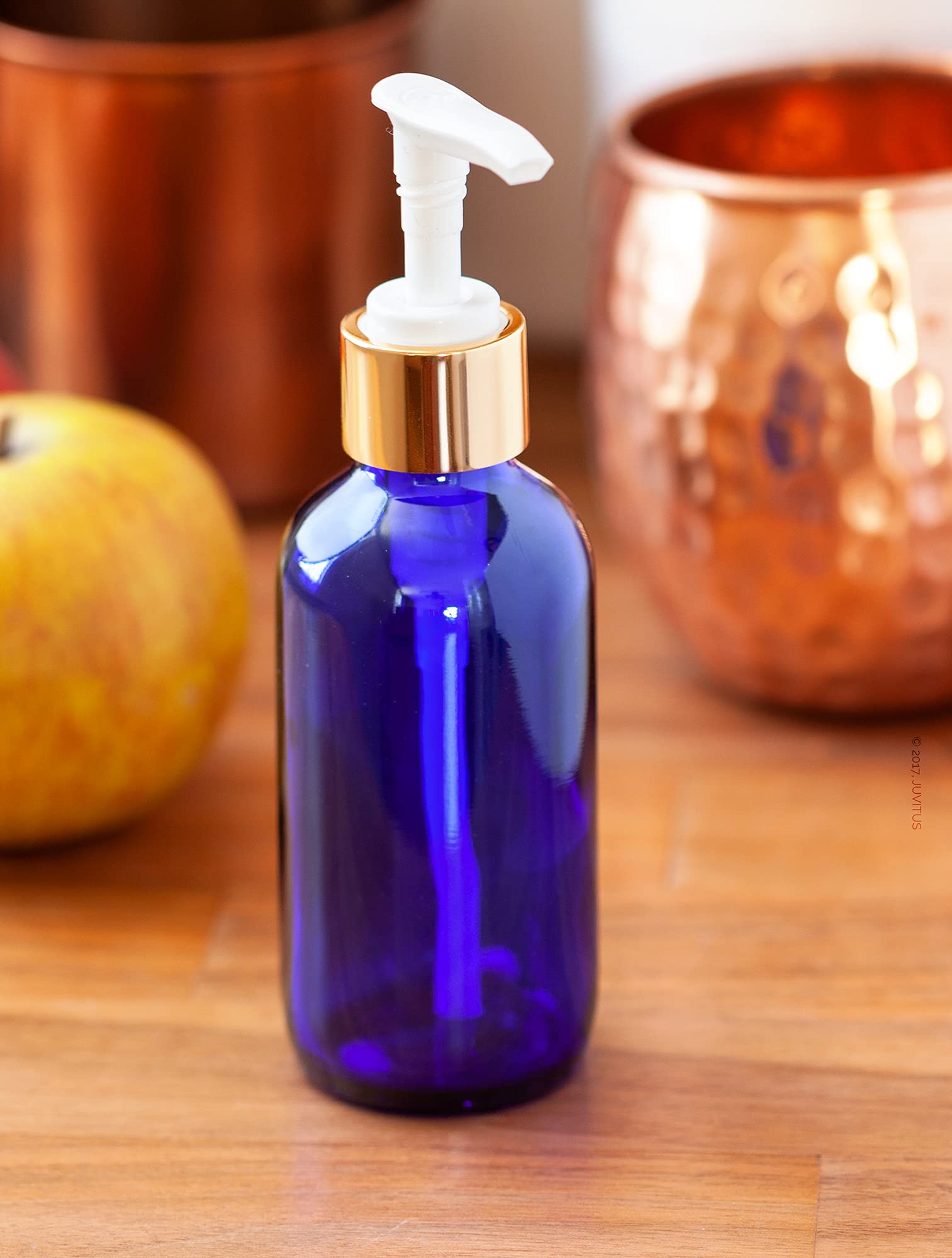 (12 Pack) 4 oz Cobalt Blue Glass Boston Round Bottle with Gold Lotion Pump & Funnel - Perfect for Essential Oils, DIY Skincare, and Hand Sanitizer Dispensers