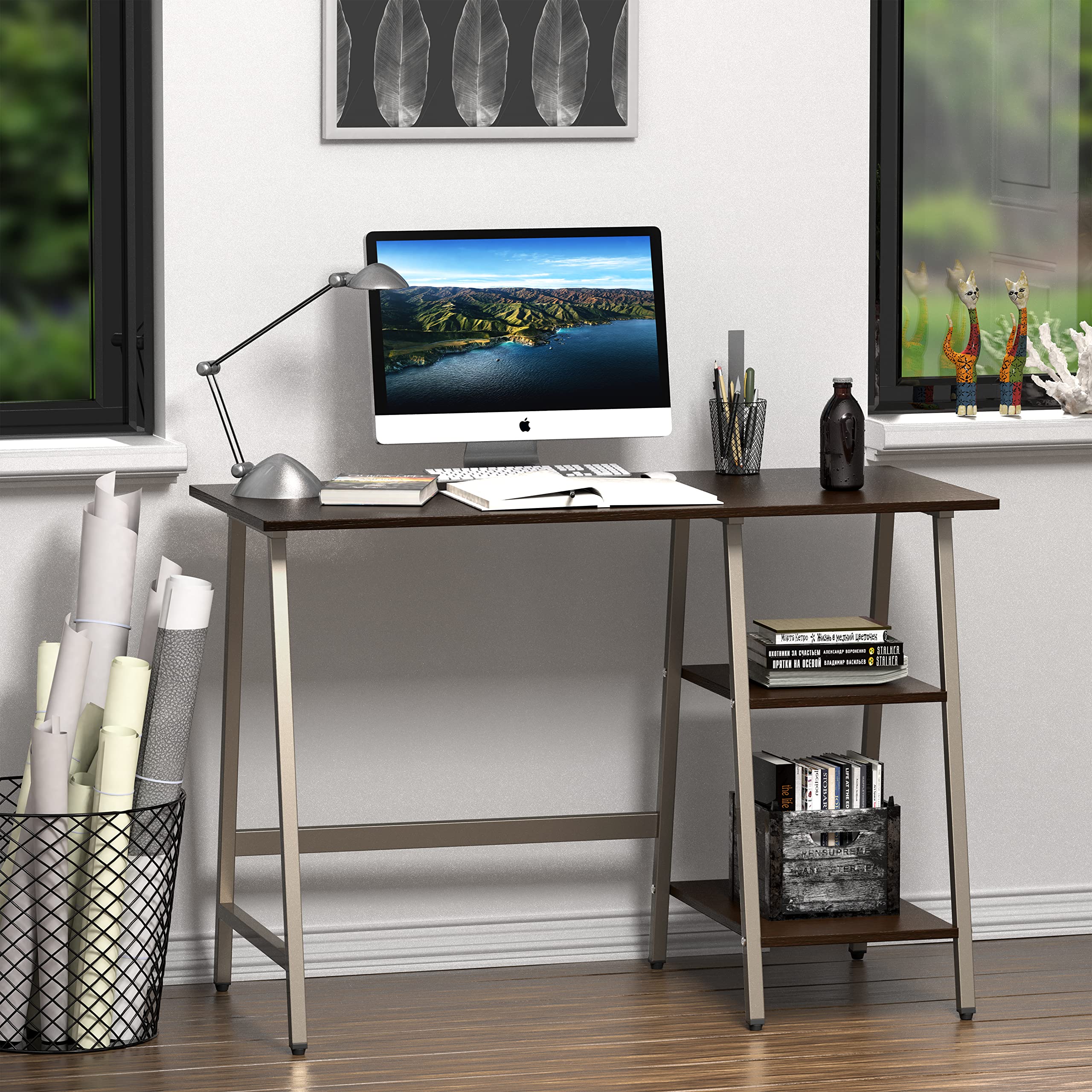 SHW Trestle Home Office Computer Desk - Espresso Brown Wooden Writing Table for Small Spaces, Study & Work from Home | Sturdy & Modern Design for Office, Bedroom or Dorm Room