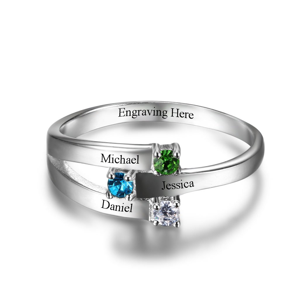 Personalized Women's Rings with 3 Simulated Birthstones & Engraved Names - Custom Mother's Rings, Promise Rings for Her - Perfect Gift for Anniversary, Birthday, Valentine's Day