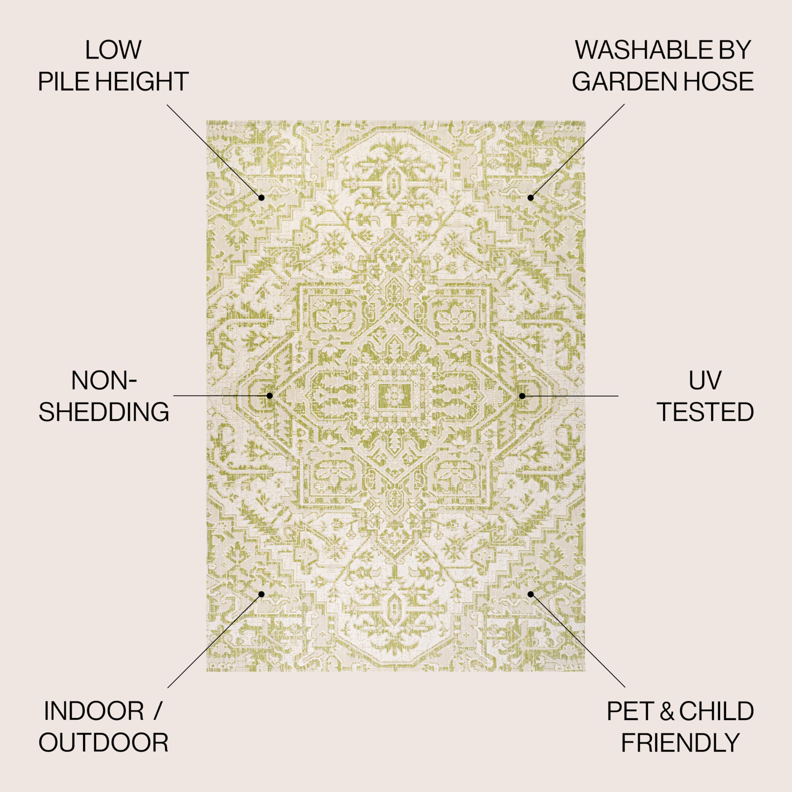 JONATHAN Y SMB105E-5R Estrella 5' Round Bohemian Medallion Textured Weave Indoor/Outdoor Area Rug - Cream & Green | Non-Shedding, Easy to Clean | Perfect for Coastal, Traditional Bedrooms, Kitchens, Backyards & Patios