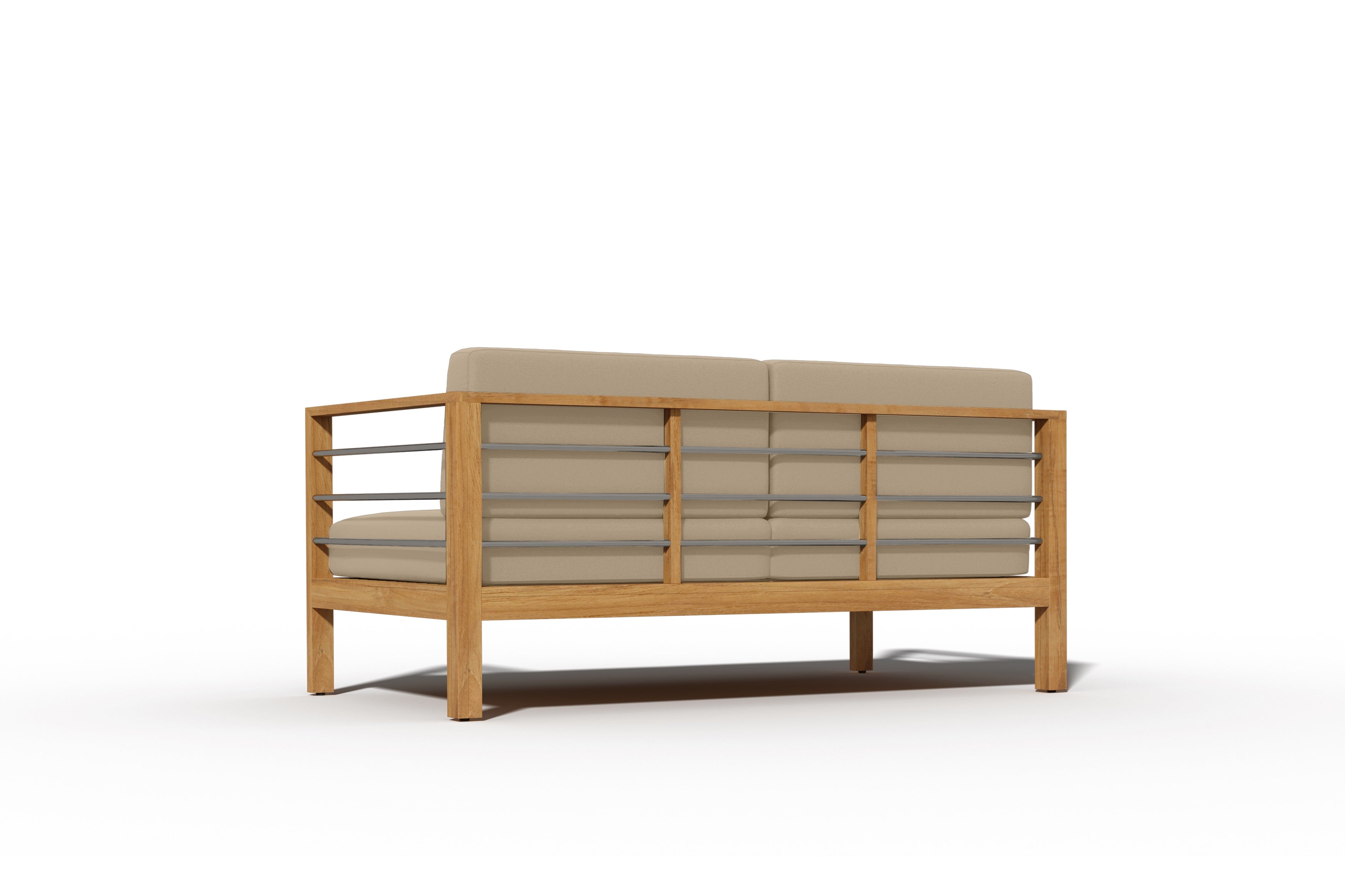 Premium 3-Person Teak Outdoor Sofa with Sunbrella Fawn Cushion – Weather-Resistant Patio Furniture for Garden, Poolside & Backyard Relaxation