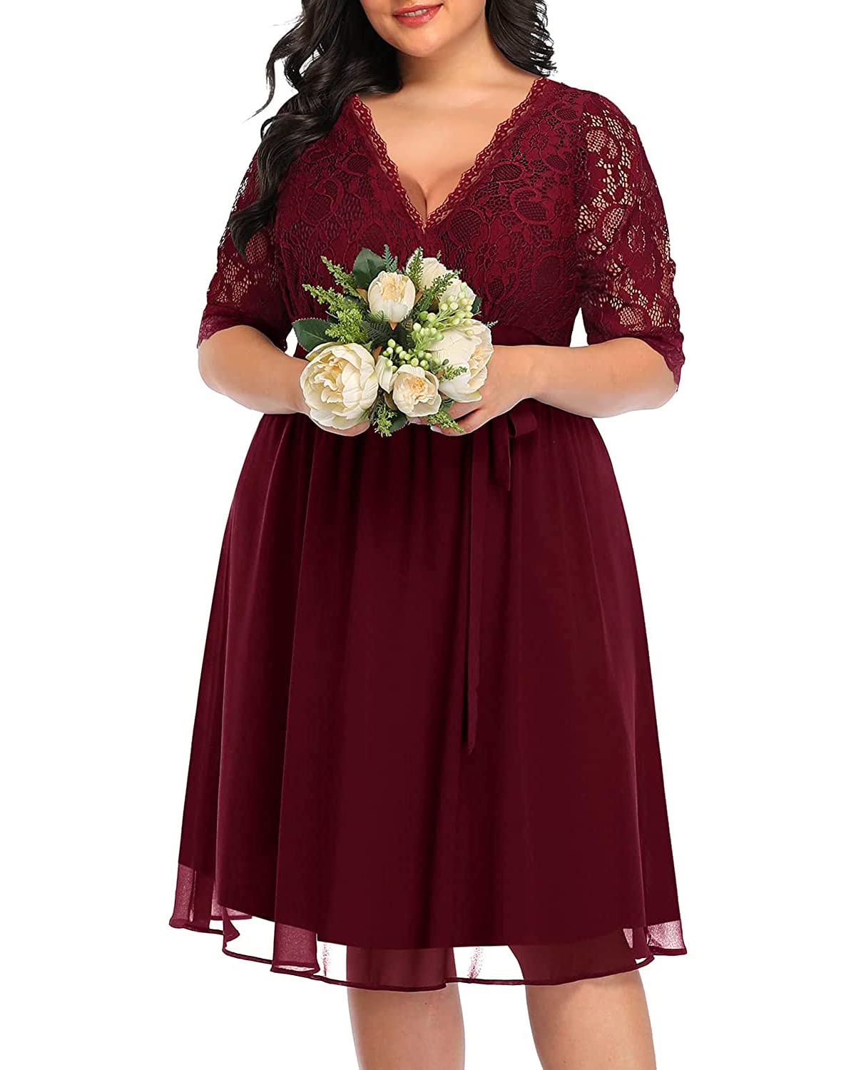 Elegant Plus Size Lace Chiffon Wrap V-Neck Cocktail Dress for Women - Wedding Guest & Special Occasion Midi Dress | Perfect for Parties, Date Nights & Formal Events