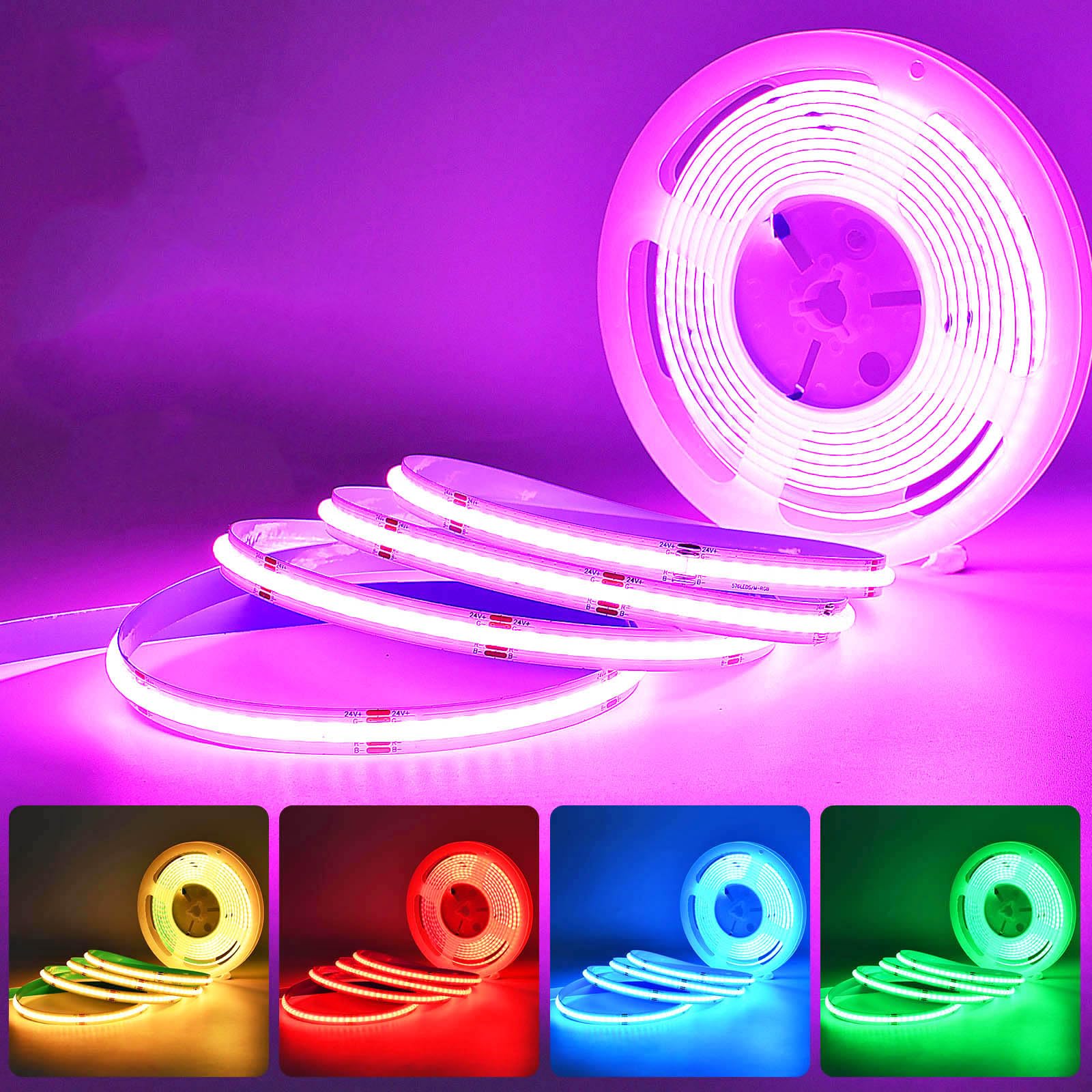 SUBOSI 16.4ft RGB LED Strip Lights, 576 LEDs/M, 2880 LEDs Total, 24V, Flexible & Dimmable COB LED Light Strips for Bedroom, Kitchen, Gaming Room, Party Decor