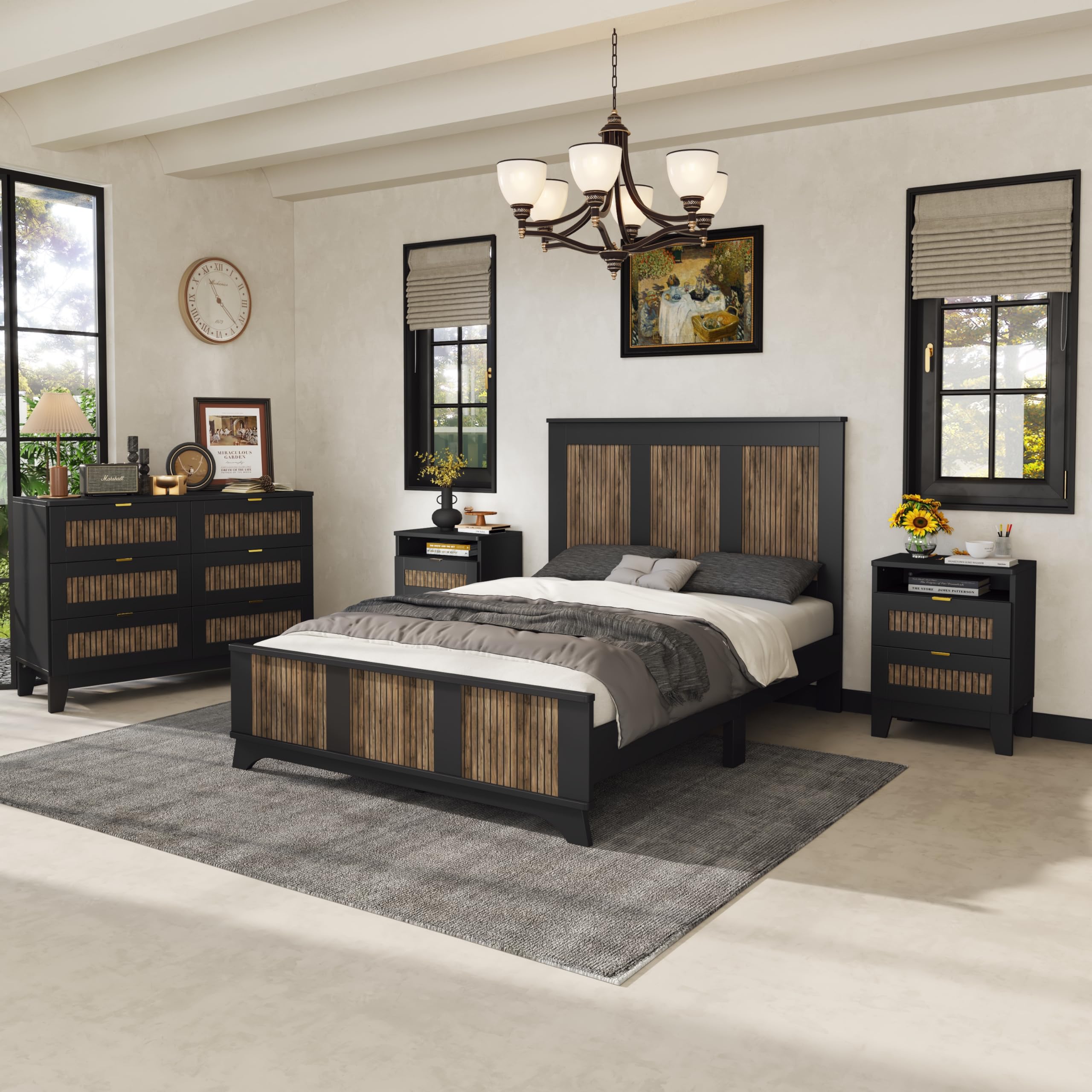 4-Piece Full Size Farmhouse Bedroom Set with Wooden Strip Platform Bed, 2 Storage Nightstands & 6-Drawer Dresser with Metal Handles - Black - Perfect for Kids & Teens Rooms, Guest Bedrooms & Cozy Farmhouse Style Homes