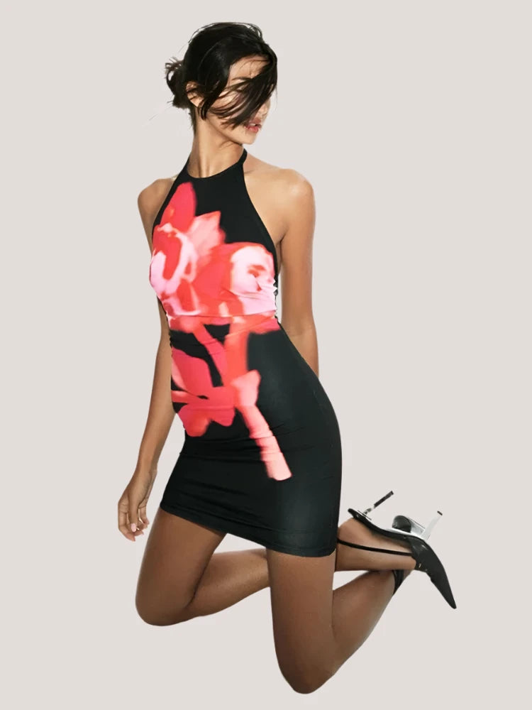 Abstract Floral Print Halterneck Mini Dress for Women | Sexy Club Dress | 2024 Fashion Trend | Kylie Jenner Inspired Outfit | Perfect for Night Out, Party & Summer Vacation