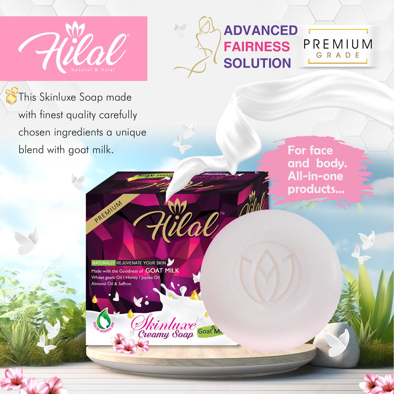**Hilal Goat Milk Creamy Soap - 100g (Pack of 4) - Enriched with Goat Milk & Wheat Germ Oil for Nourished, Glowing Skin - Premium Grade Skincare - Ideal for Dry, Sensitive Skin & Daily Hydration**