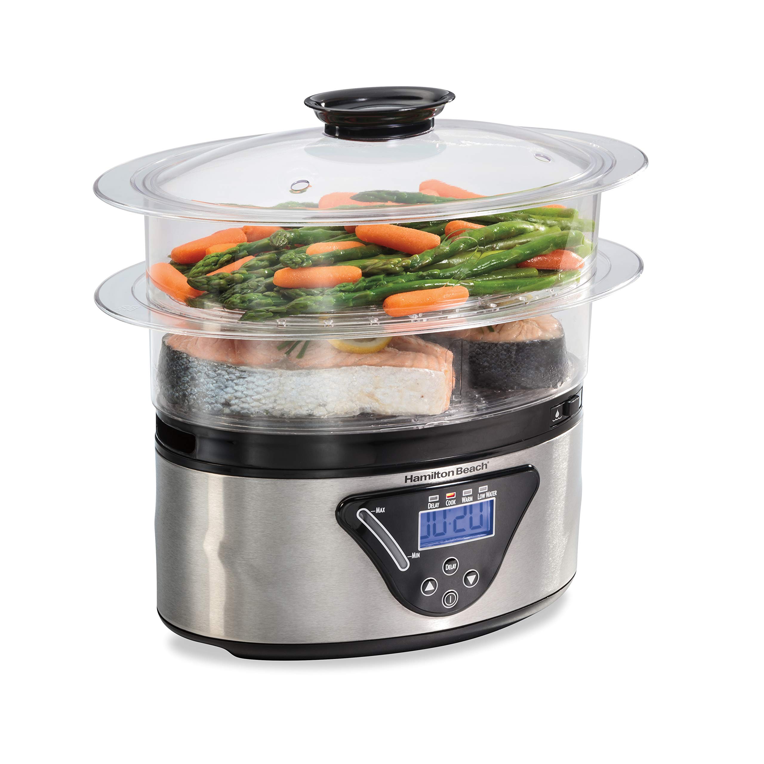 Hamilton Beach 5.5 Quart Digital Electric Food Steamer & Rice Cooker - Healthy Cooking for Vegetables, Seafood & Rice - Stackable Two-Tier Stainless Steel Bowls - Perfect for Meal Prep, Family Dinners & Healthy Eating (Black & Stainless Steel)