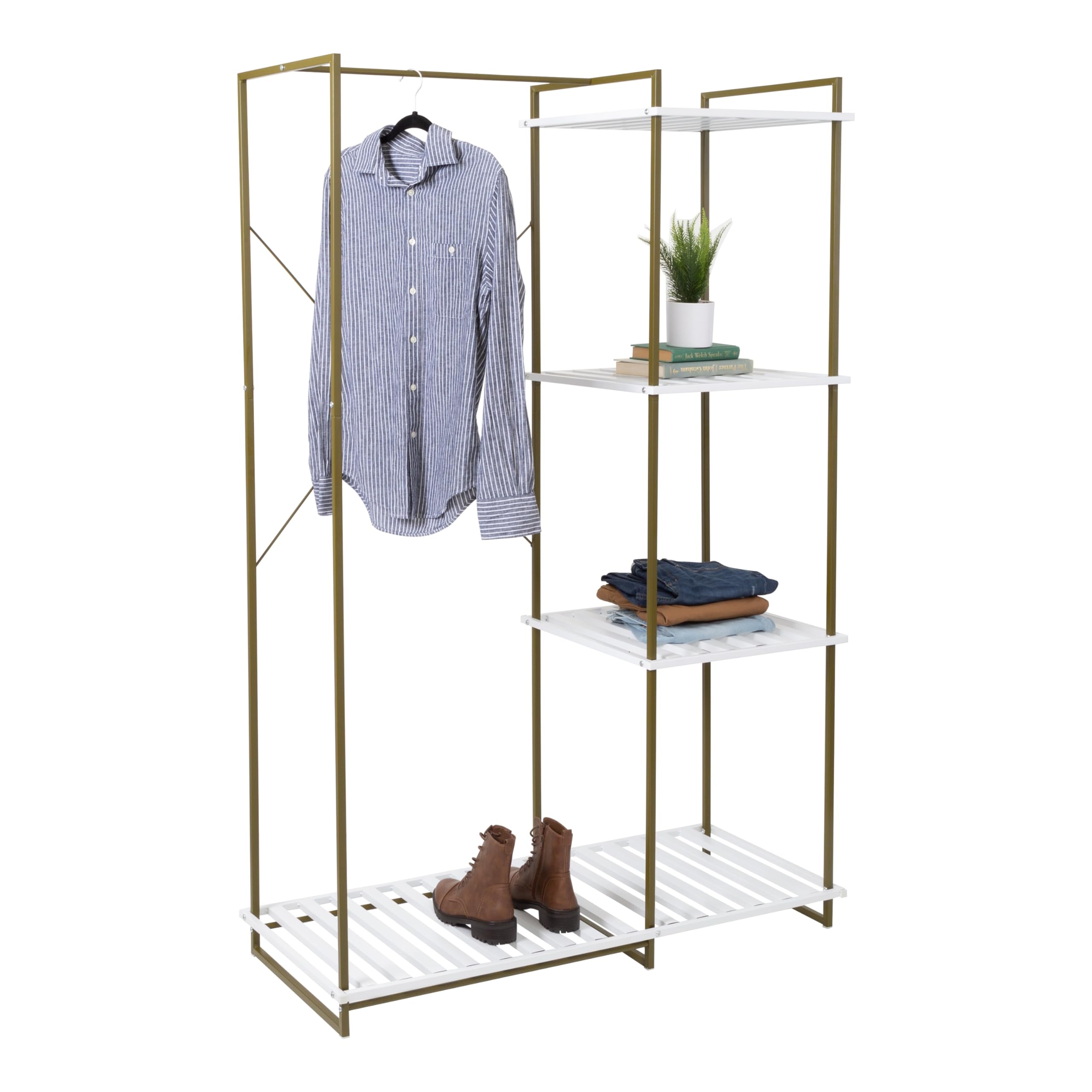 Honey-Can-Do Freestanding Open Metal Closet Wardrobe with Shelves - Olive & White (WRD-09131) | Space-Saving Storage Solution for Bedroom, Dorm, or Apartment