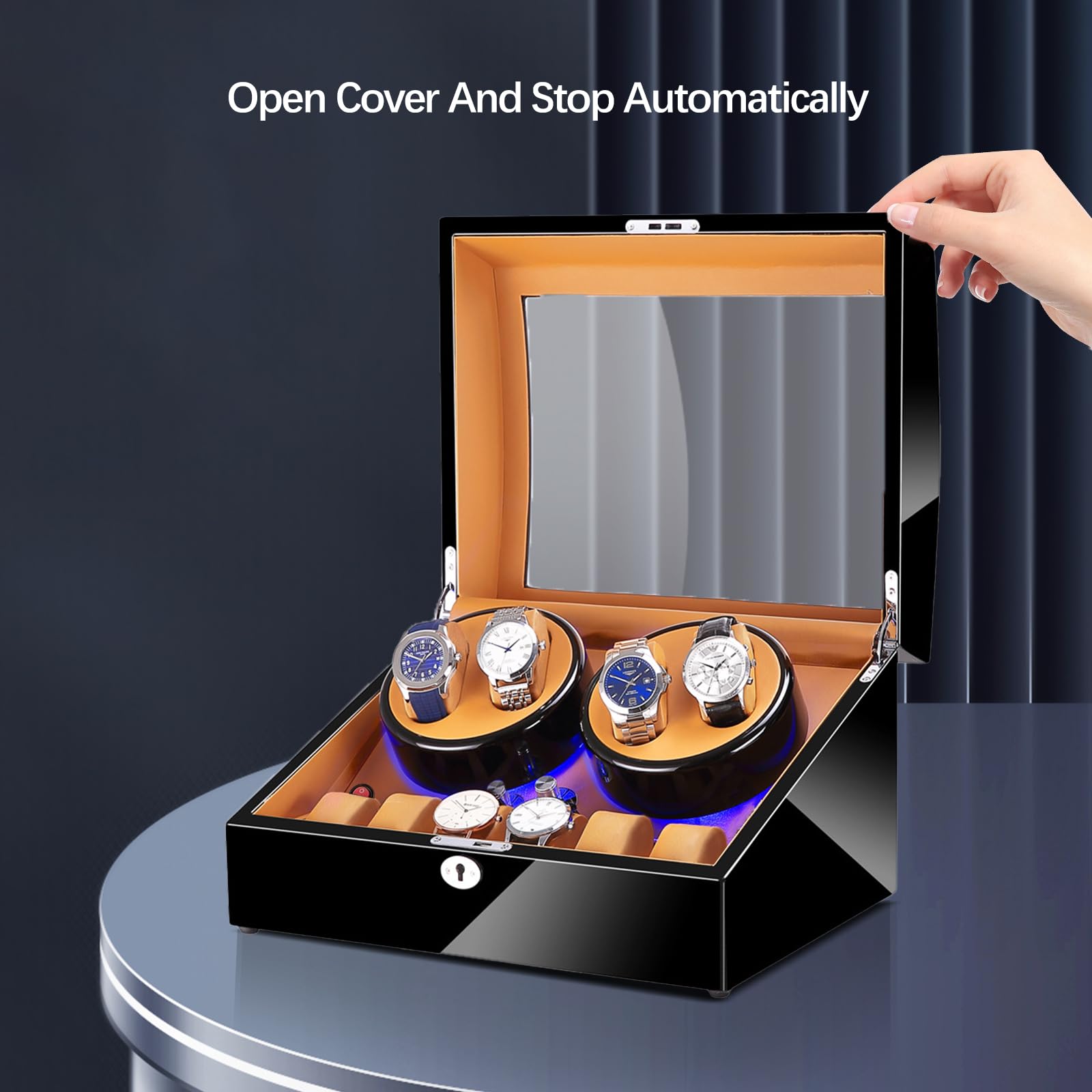 4+6 Slots Automatic Watch Winder with Silent Motor - Luxury Piano Paint Display Box | Open Lid Stop Tech & Built-in LED Lighting | USB/Battery Powered (2*D) | Perfect Watch Storage for Men & Women | Ideal for Home, Office, or Travel Use