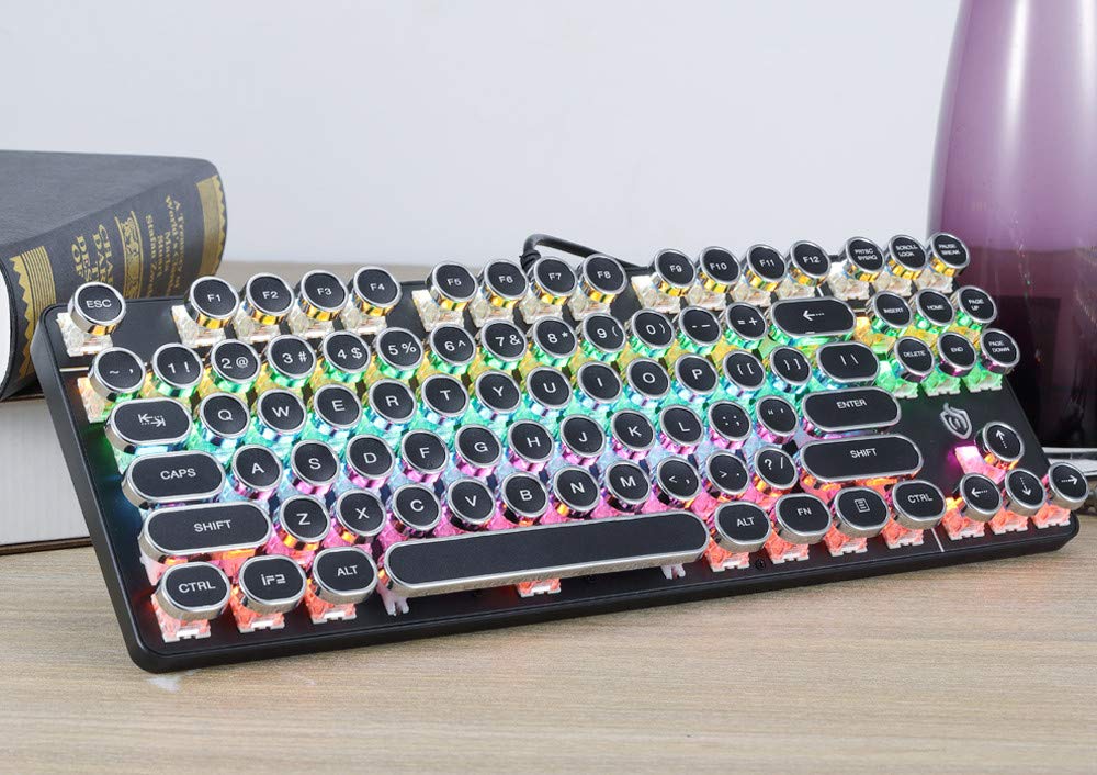 Steampunk Retro Mechanical Gaming Keyboard - 87 Keys RGB Backlit, USB Wired, Ergonomic Design for PUBG, LOL, Fortnite | Perfect for Gaming, Office Work & Typing Enthusiasts (Black)