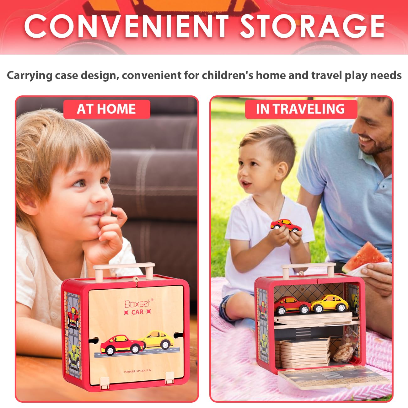 **Wooden Toy Car Set for Toddlers - Car Track & Parking Garage Playset with Storage Box | Educational Building Blocks for Kids, Boys & Girls | Perfect for Pretend Play, Motor Skills Development & Early Learning**
