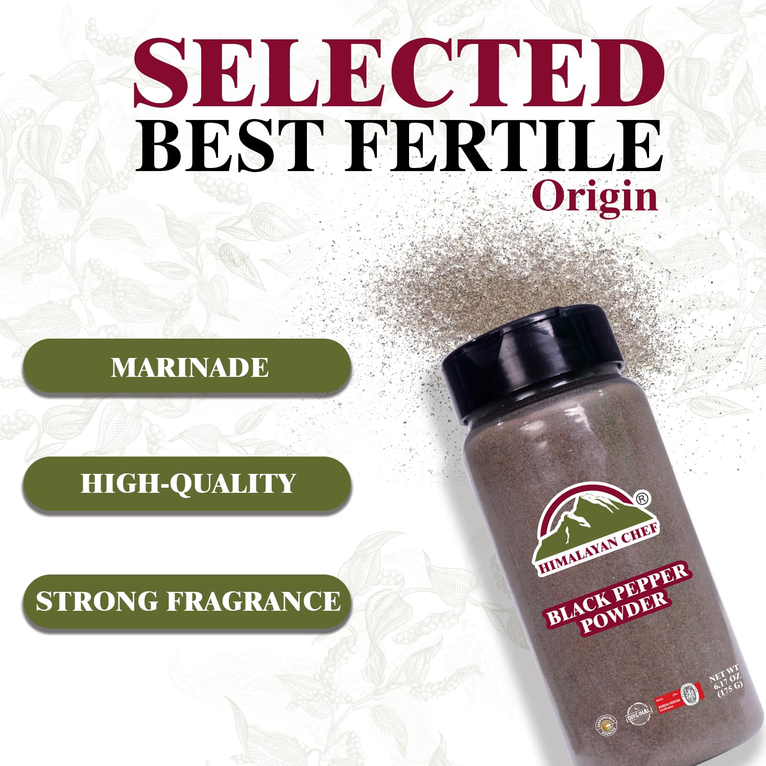 Organic Black Pepper Powder Shaker - 6.17Oz (175g) | Non-GMO, Kosher Certified | No Artificial Colors or Additives | Himalayan Chef Premium Spice | Perfect for Cooking, Seasoning & Table Use
