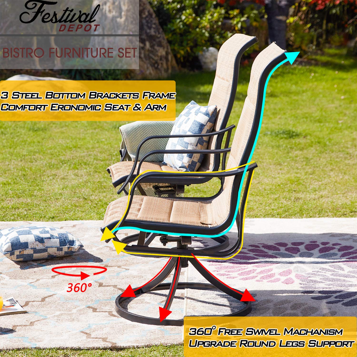 360° Swivel Outdoor Patio Dining Set - 3-Piece Bistro Chairs with Armrests & Square Metal Coffee Table, Beige - Perfect for Deck, Garden, Poolside & Backyard Relaxation