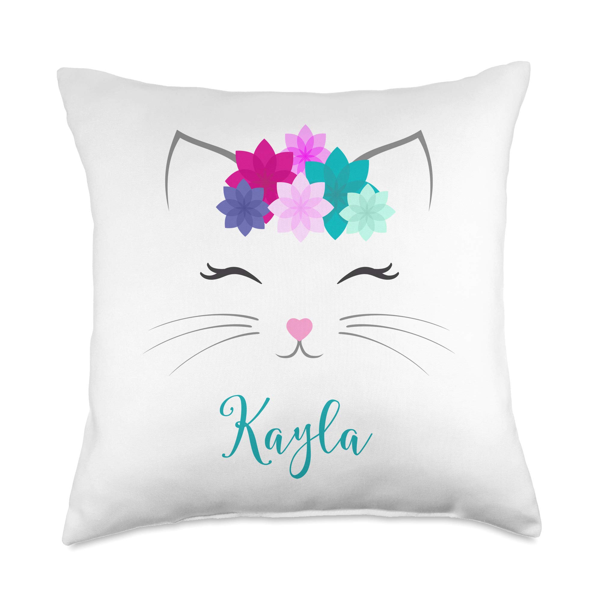 Personalized Kayla Name Gift for Girls - 18x18 Inch Multicolor Kitty Cat Throw Pillow - Cute Bedroom Decor for Kids Room, Birthday Present & Nursery Accessories