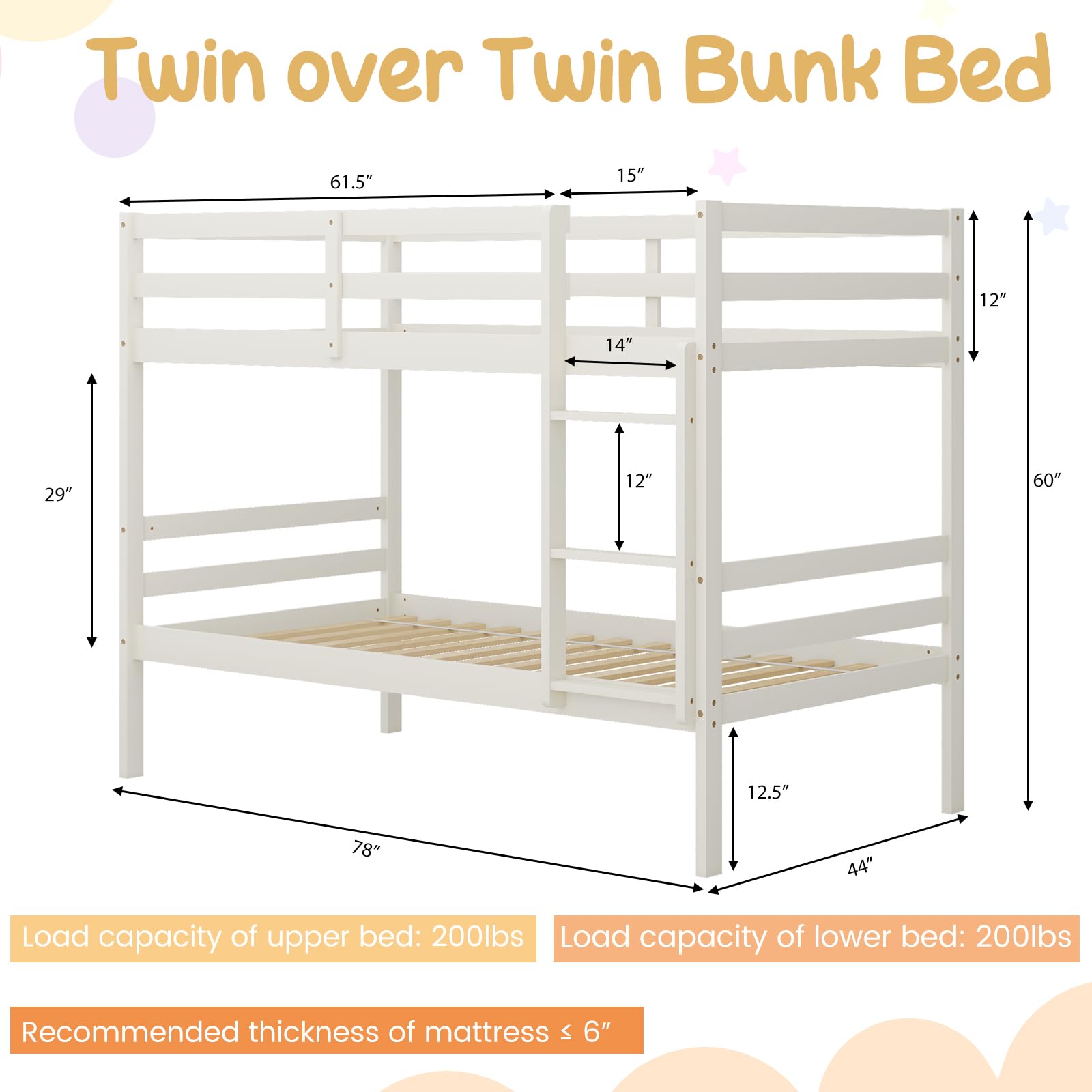 Giantex Twin Over Twin Solid Wood Bunk Bed with Sturdy Ladder & 12
