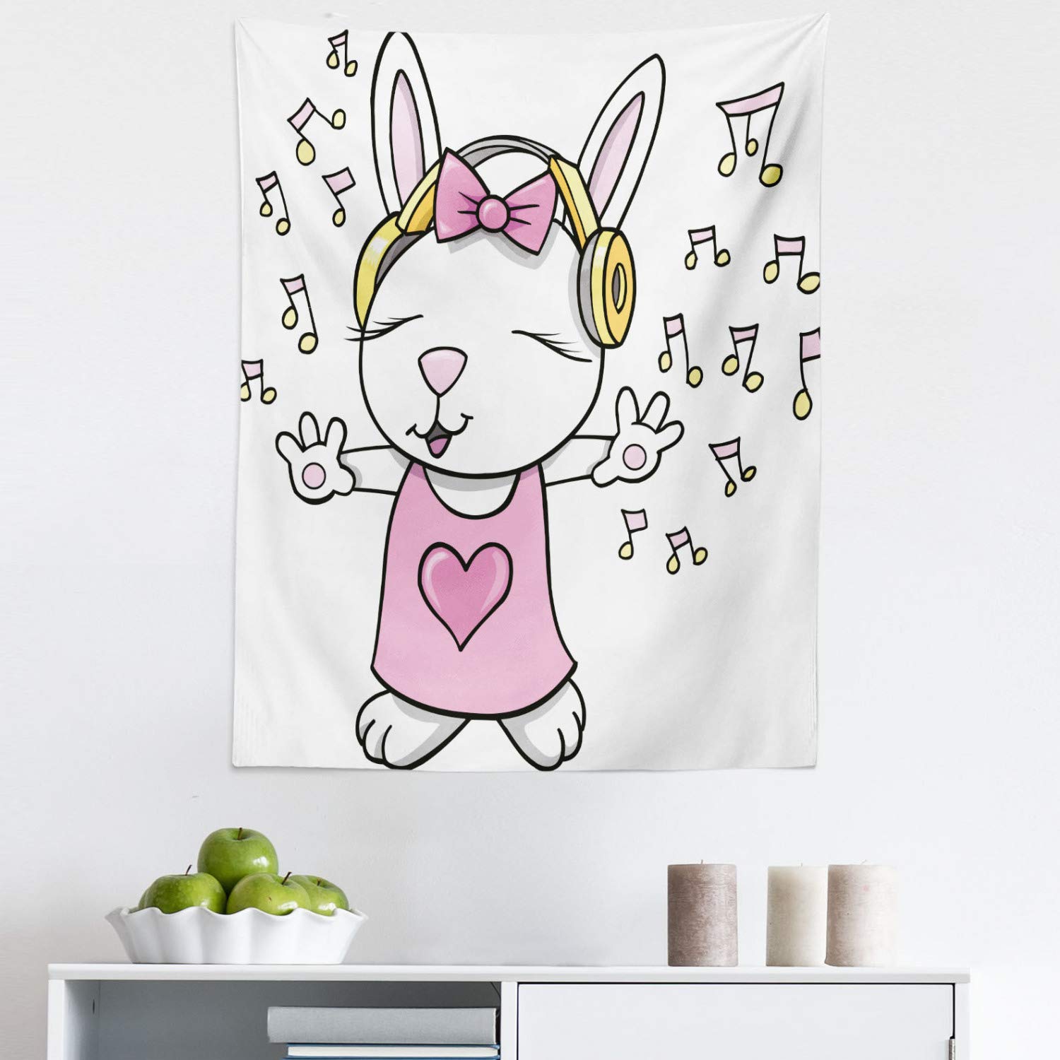 Ambesonne Bunny Tapestry King Size - Rock Star Rabbit with Music Notes, Humor, and Heart Cartoon Design - Pale Pink & Yellow Wall Hanging, Bedspread, Bed Cover - Perfect for Girls' Room, Nursery, or Music-Themed Decor