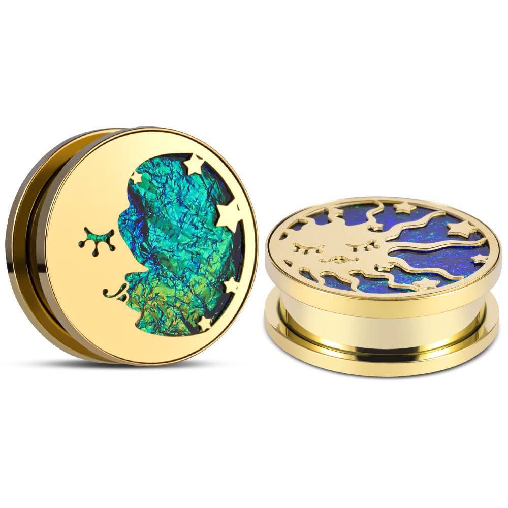 ERKUOO 2PCS Sun Moon Ear Gauges Screw Ear Tunnels Plugs - 0g to 1