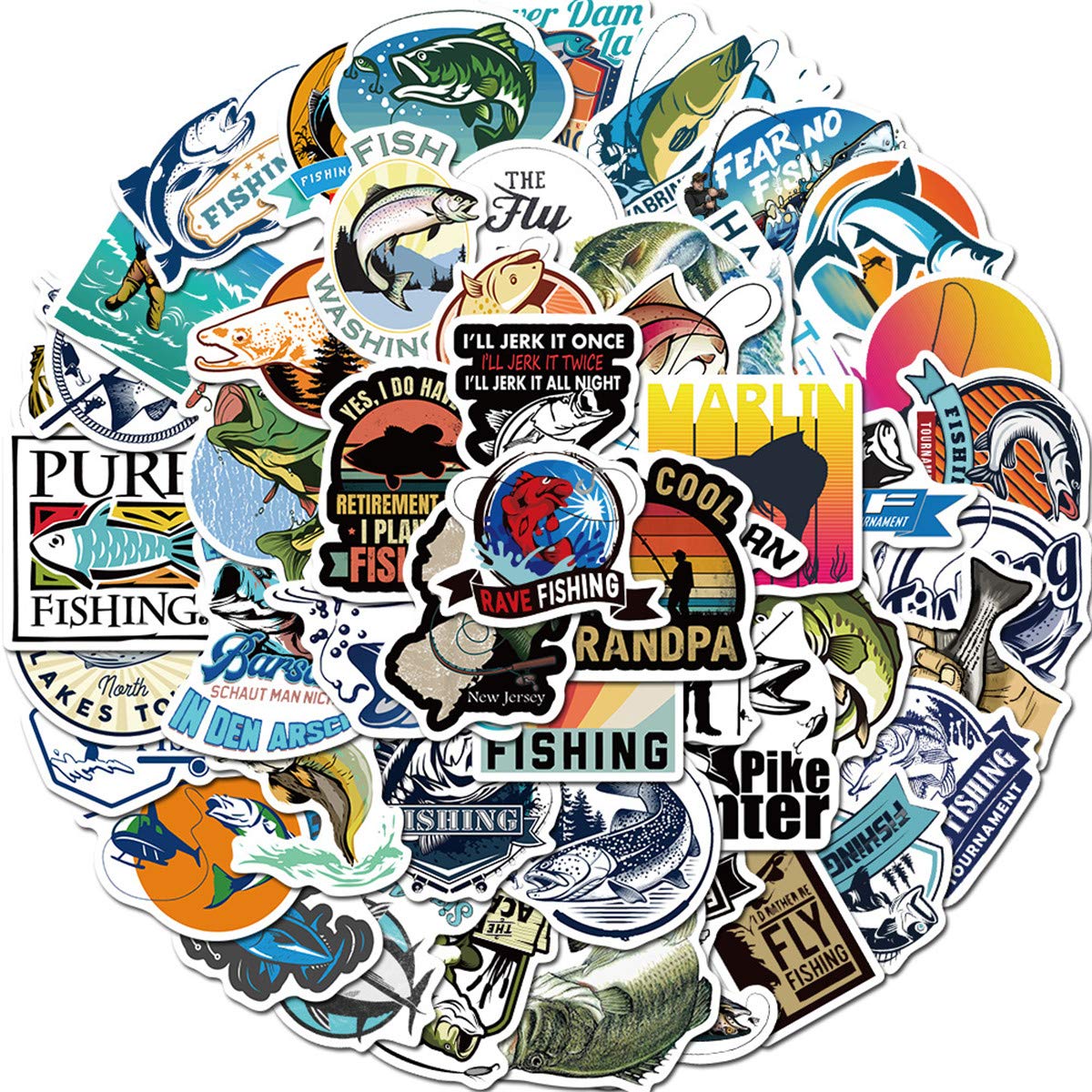 50-Pack Waterproof Outdoor Fishing Stickers - Vinyl Decals for Laptop, Water Bottle, Surfboard - Durable Cartoon Graffiti Designs for Fishing, Camping, Hiking, and Outdoor Adventures - Perfect Gift for Teens and Adults Who Love Fishing and Water Sports