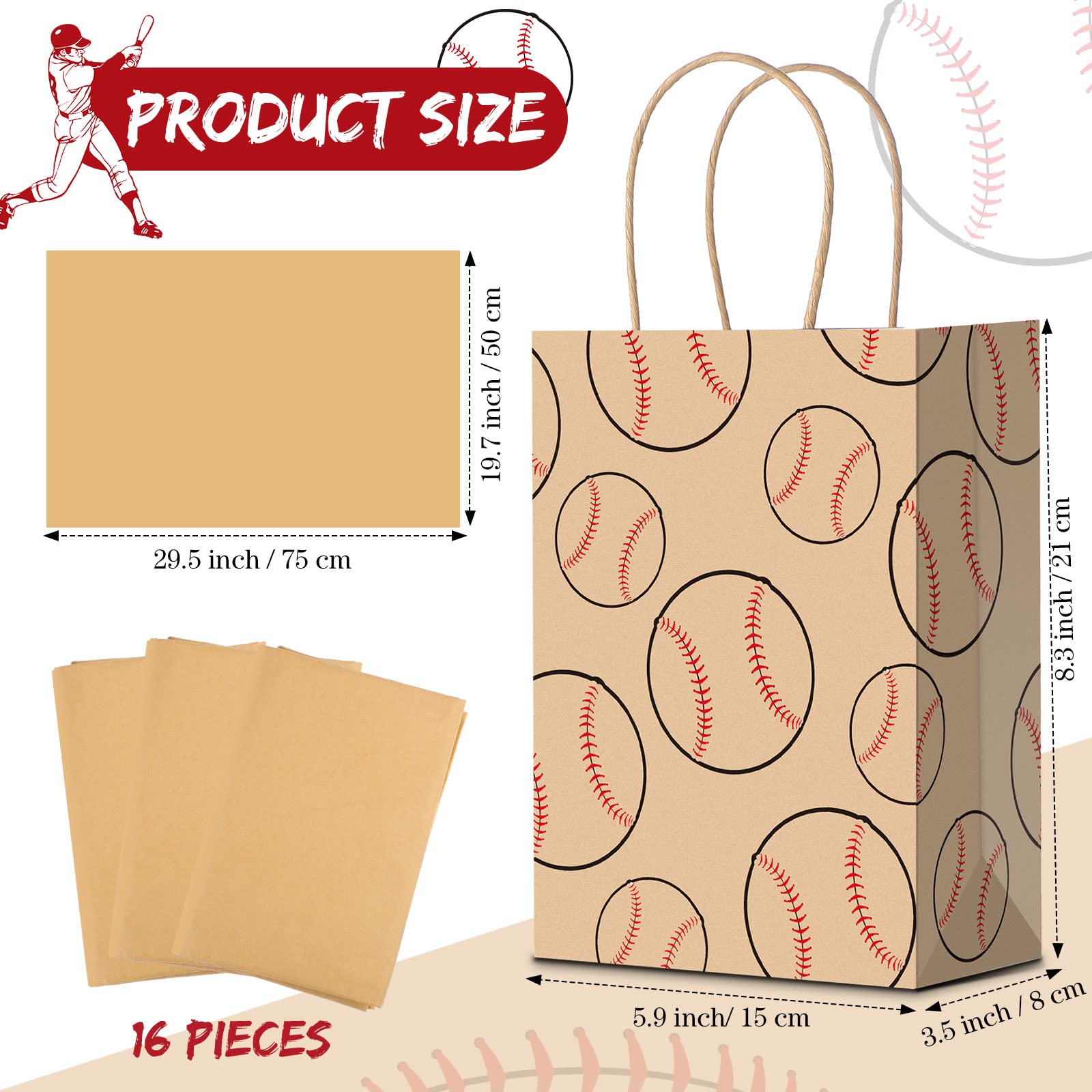 16-Piece Baseball Gift Bags Set with Tissue Paper - Brown Football Party Favors with Handles for Team Treats, Wrapping & Goodies | Perfect for Baseball Games, Team Celebrations & Sports Themed Parties