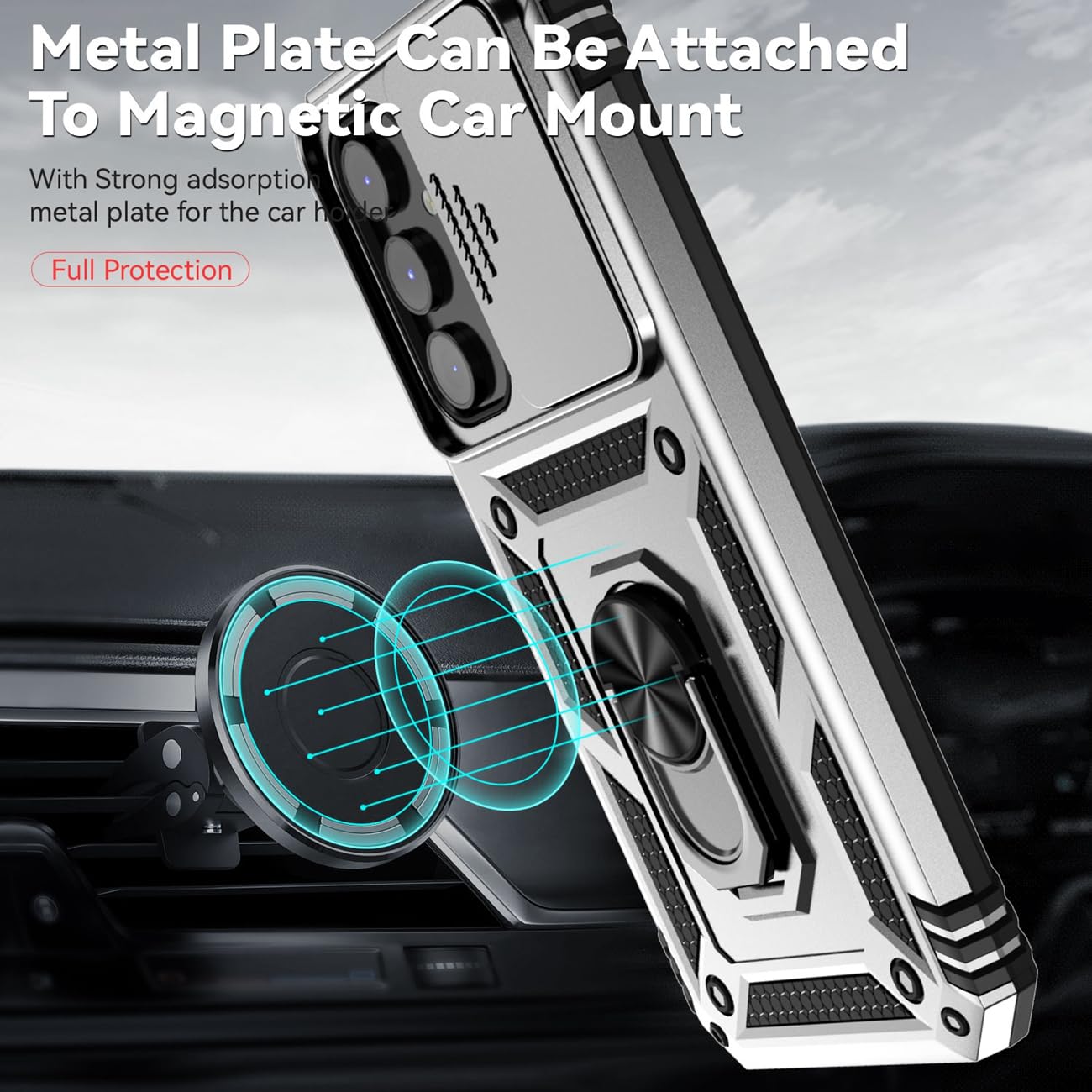 Samsung Galaxy A54 5G Case with Tempered Glass Screen Protector, Slide Camera Cover & Magnetic Ring - Shockproof Protective Phone Cover for Samsung A54 5G (SM-A546U) - Perfect for Car Mounting, Kickstand Use and Daily Protection (Silver)