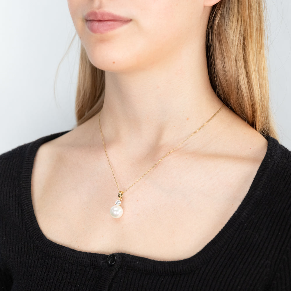 9ct Yellow Gold Cubic Zirconia and 12mm Simulated Pearl Pendant Necklace - Elegant Jewelry Gift for Women, Perfect for Weddings, Anniversaries & Special Occasions