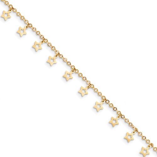 14K Yellow Gold Adjustable Star Anklet - Polished & Textured Design for Women, Perfect for Beach, Summer Outfits & Boho Style Accessories