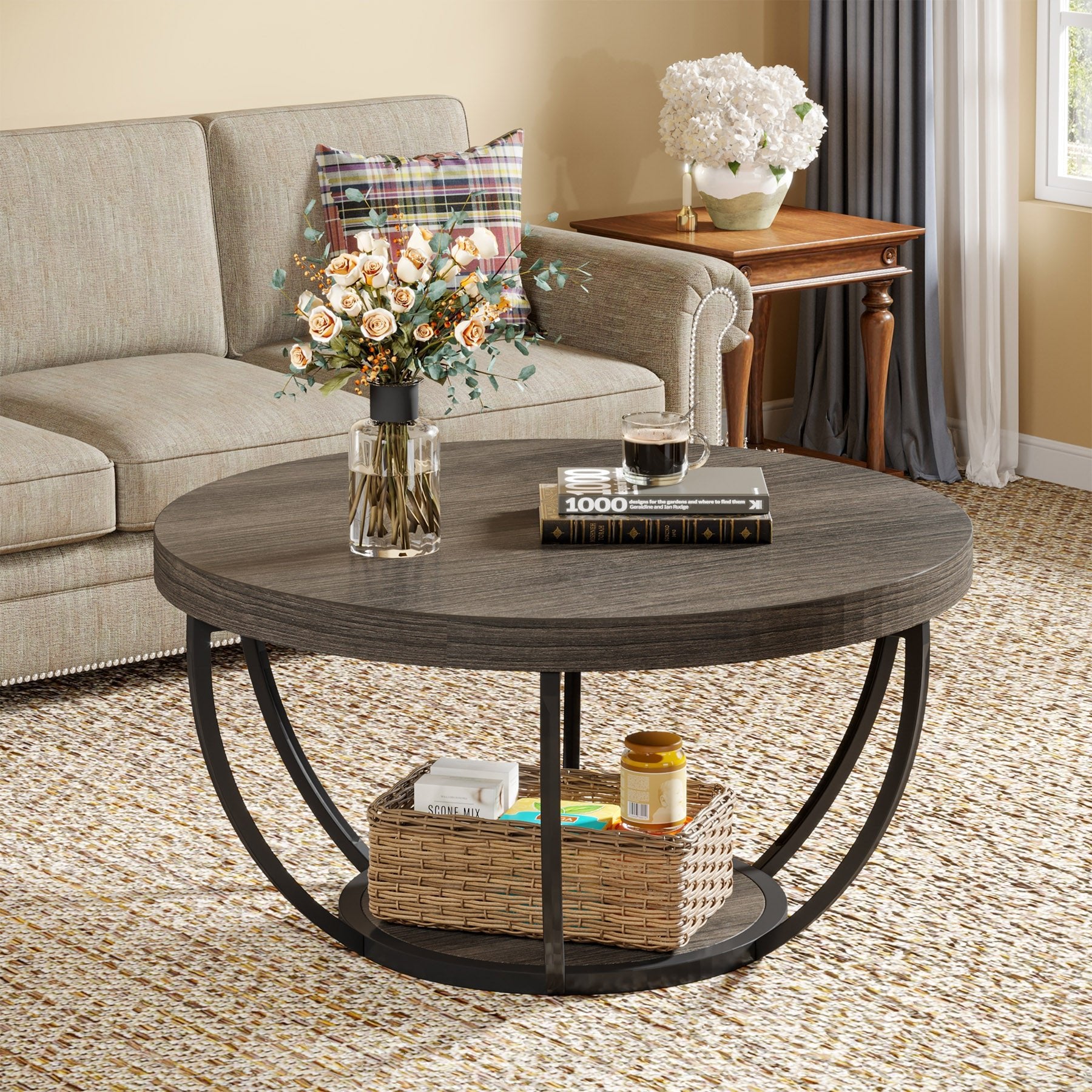 2-Tier Round Wooden Coffee Table with Storage Shelf - Modern Living Room Centerpiece for Home Decor & Entertaining