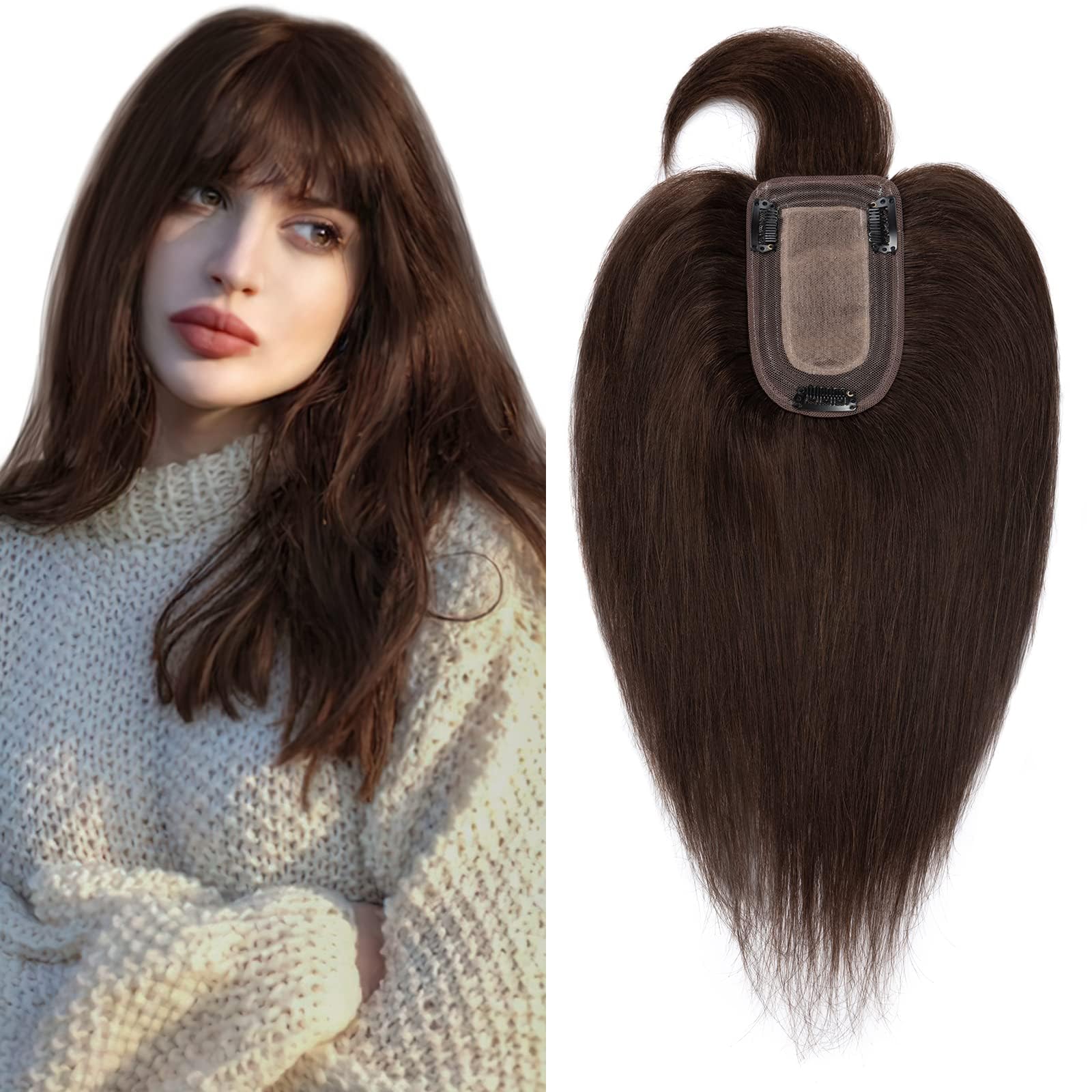 SEGO Clip-In Human Hair Toppers for Women - 18 Inch Straight with Bangs, 150% Density Silk Base, #2 Dark Brown | Thinning Hair Solution for Daily Wear & Special Occasions