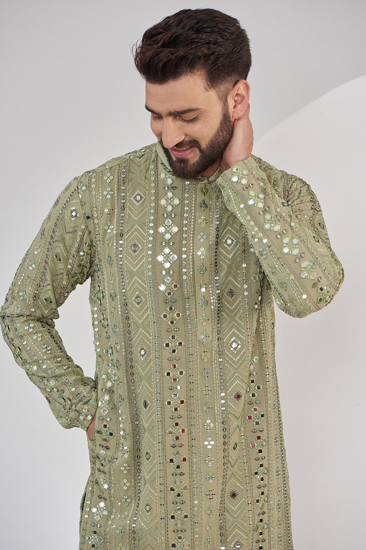 Exquisite Mehndi Green Mirror Work Kurta for Women – Traditional Indian Embroidered Tunic Top for Festivals & Weddings