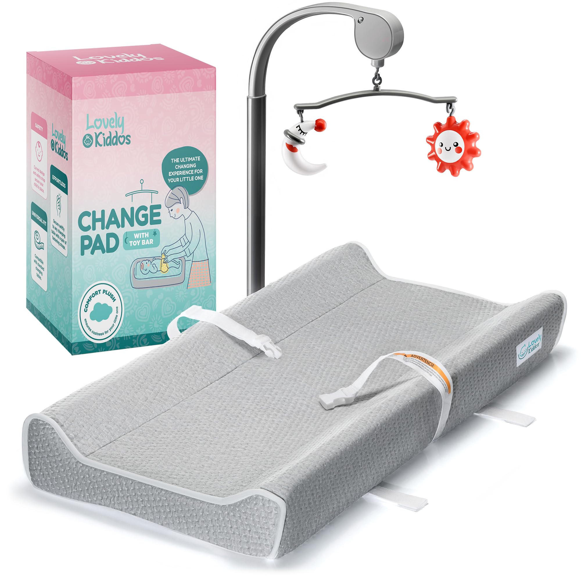 Waterproof Baby Changing Pad with Non-Slip Cover & Portable Toy Bar - Soft Foam Contoured Changing Station for Nursery Dresser, Washable Removable Cover & Bonus Musical Toy Bar - Perfect for Diaper Changes, Baby Care & Nursery Organization