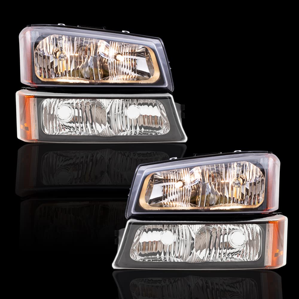 Brock Replacement Performance Headlights & Parking Signal Lights with Black Bezel for 2003-2006 Chevy Avalanche & Silverado Pickup Trucks - Upgrade Your Night Driving Safety & Style