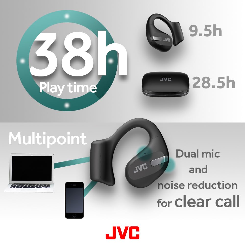JVC HA-NP50T-B True Wireless Earbuds - Open Ear Design with Active Noise Reduction, Bluetooth 5.3, 38H Playtime, IPX4 Waterproof, Multi-Point Connection - Perfect for Running, Gym Workouts & Office Use (Black)
