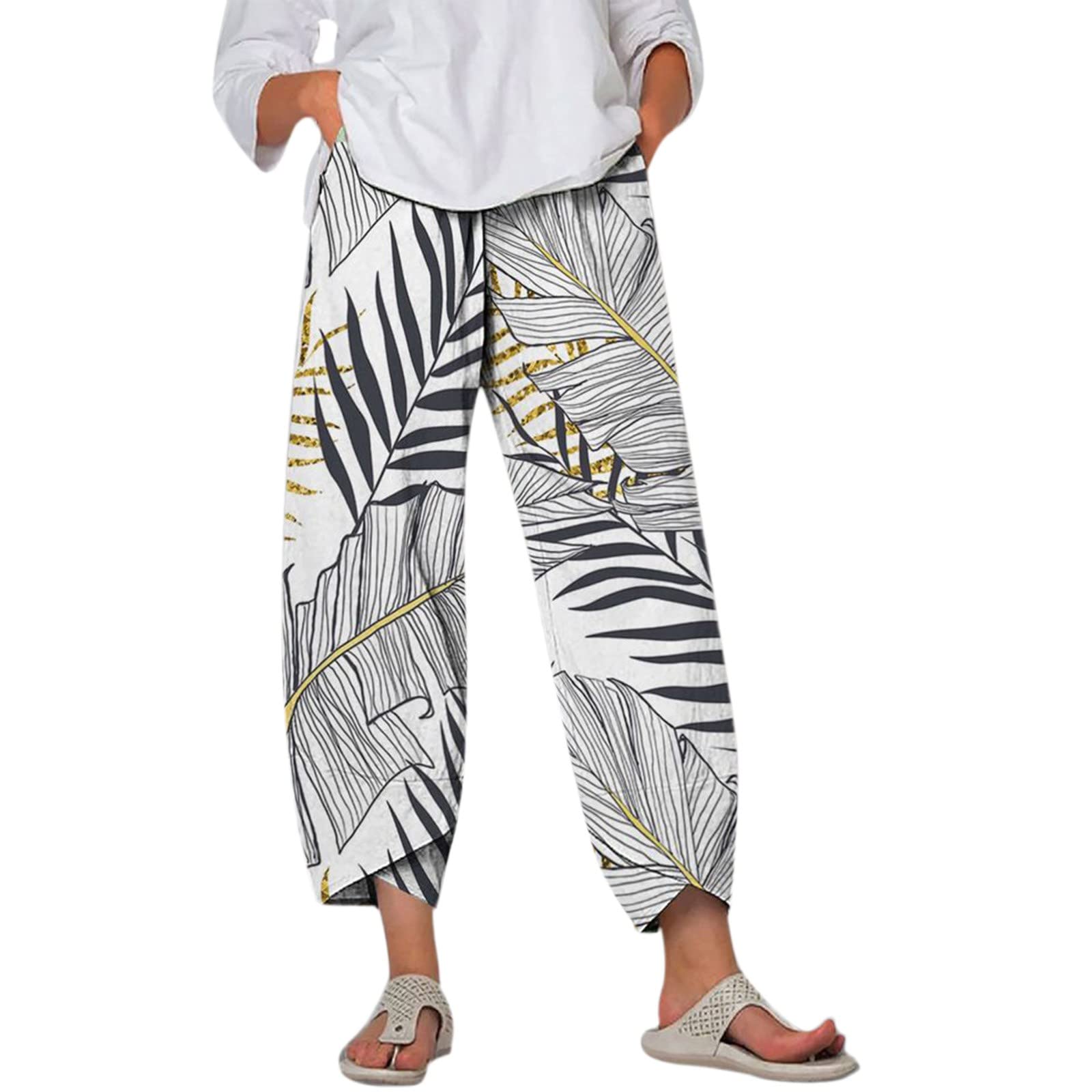 Women's Elastic Waist Wide Leg Pants - Soft Cotton Linen Casual Palazzo Pants for Plus Size | Comfortable Harem Pants & Cropped Loose Trousers | Perfect for Yoga, Travel, and Everyday Wear